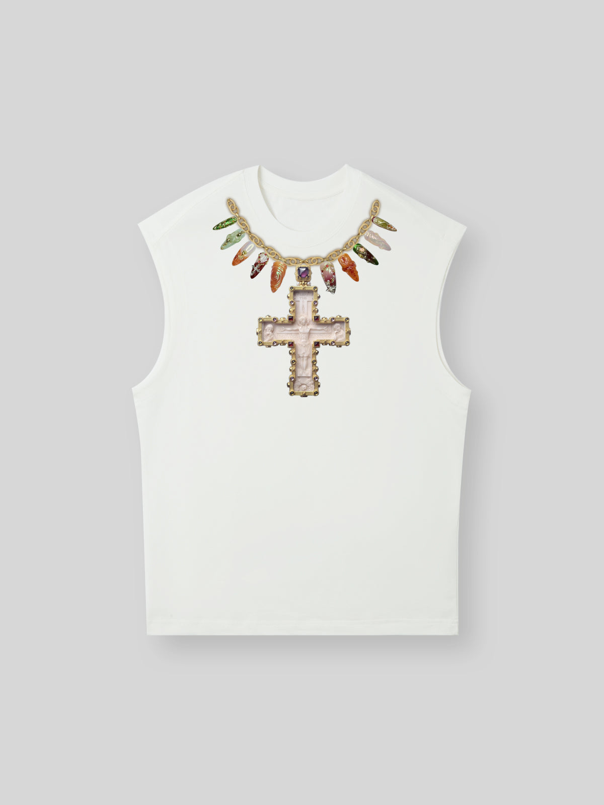 Cross Necklace Print 270g Sleeveless Round Neck Tank Top