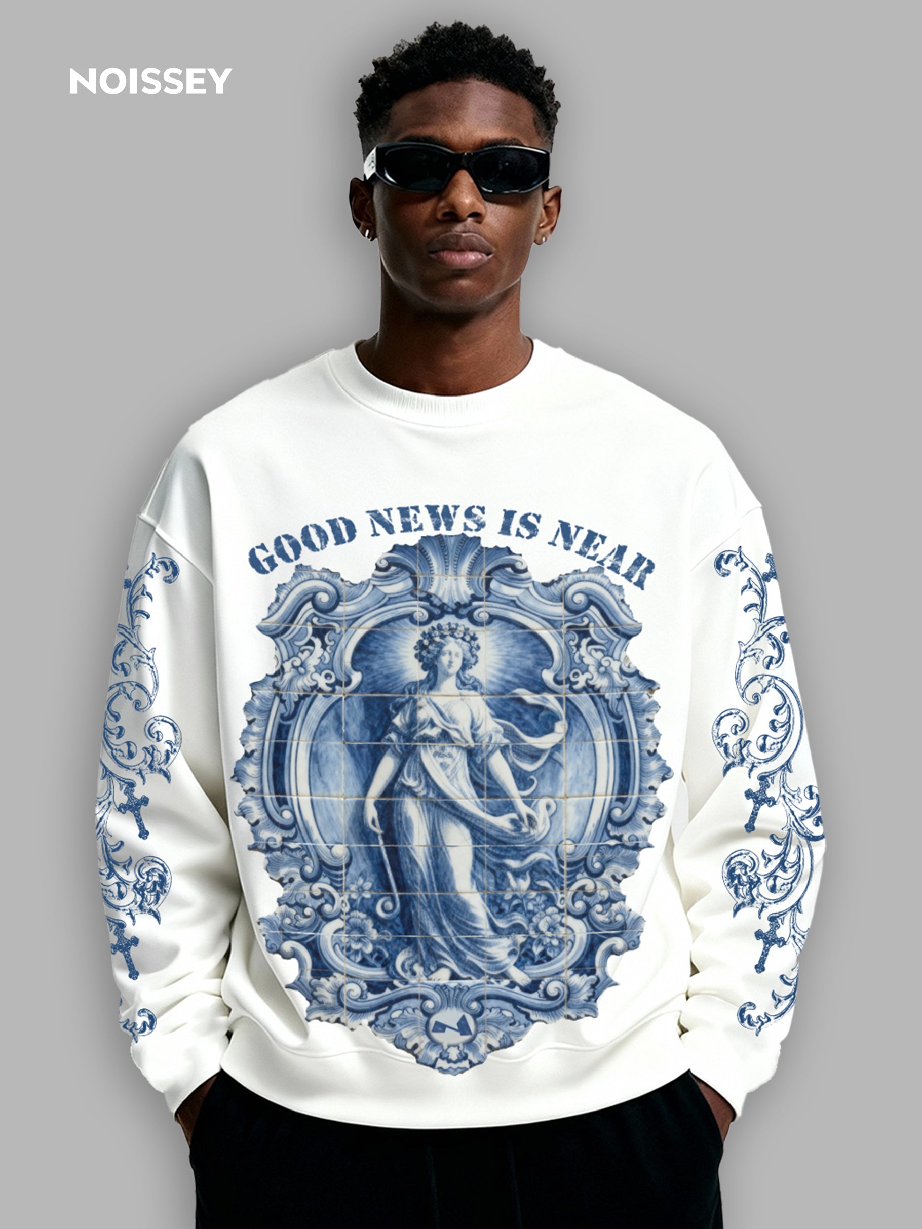 Maiolica Blue Vintage Style Print Air-Layered Long-Sleeve