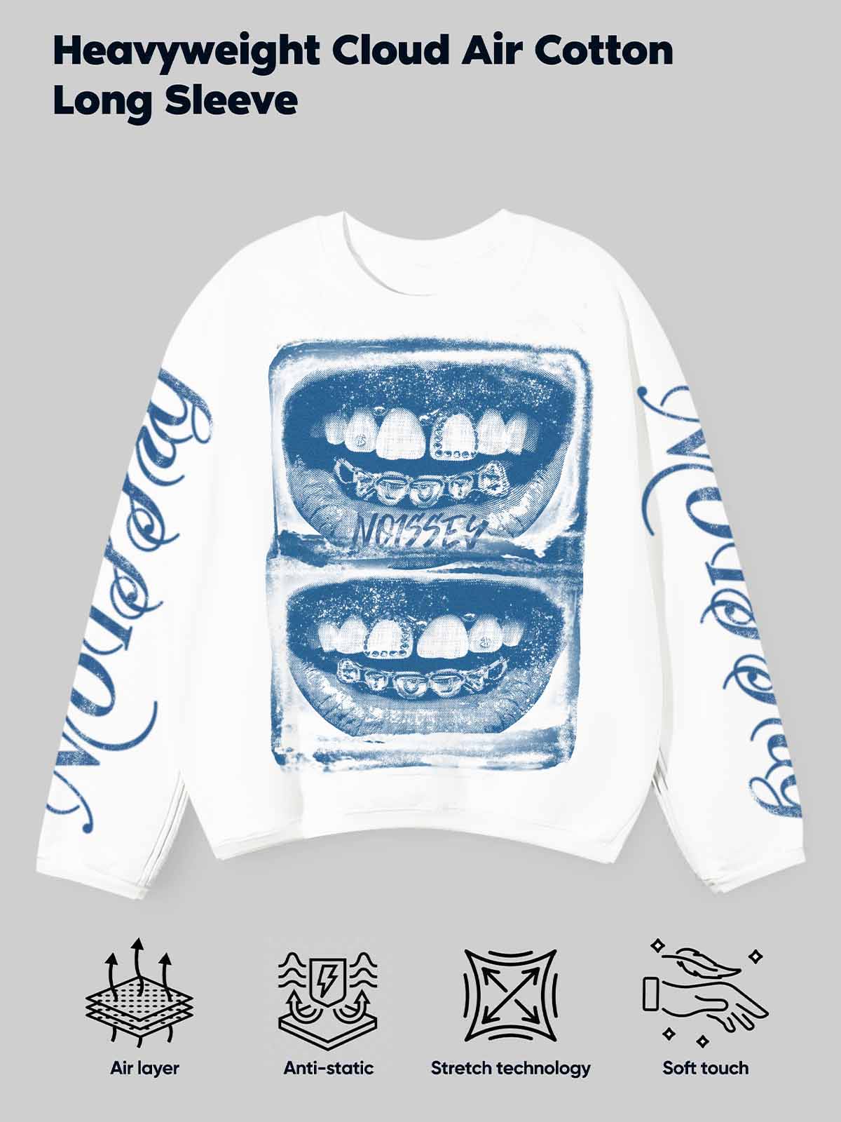 Blue Screen-Print Grills Pattern Air-Layer Long Sleeve