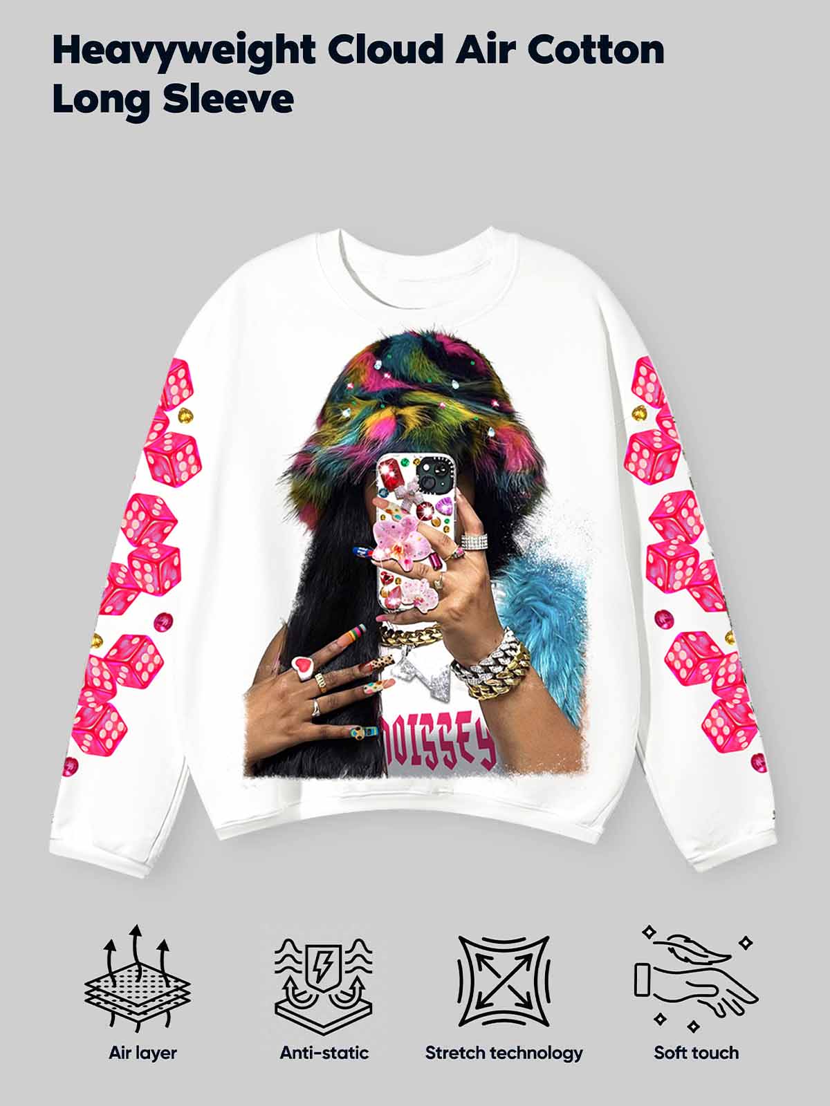 Colorful Beanie Mirror Selfie Print Air-Cotton Long Sleeve