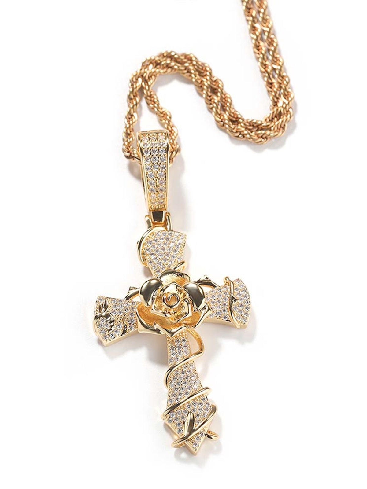 Copper-Plated 5A Zircon Rose Cross Necklace