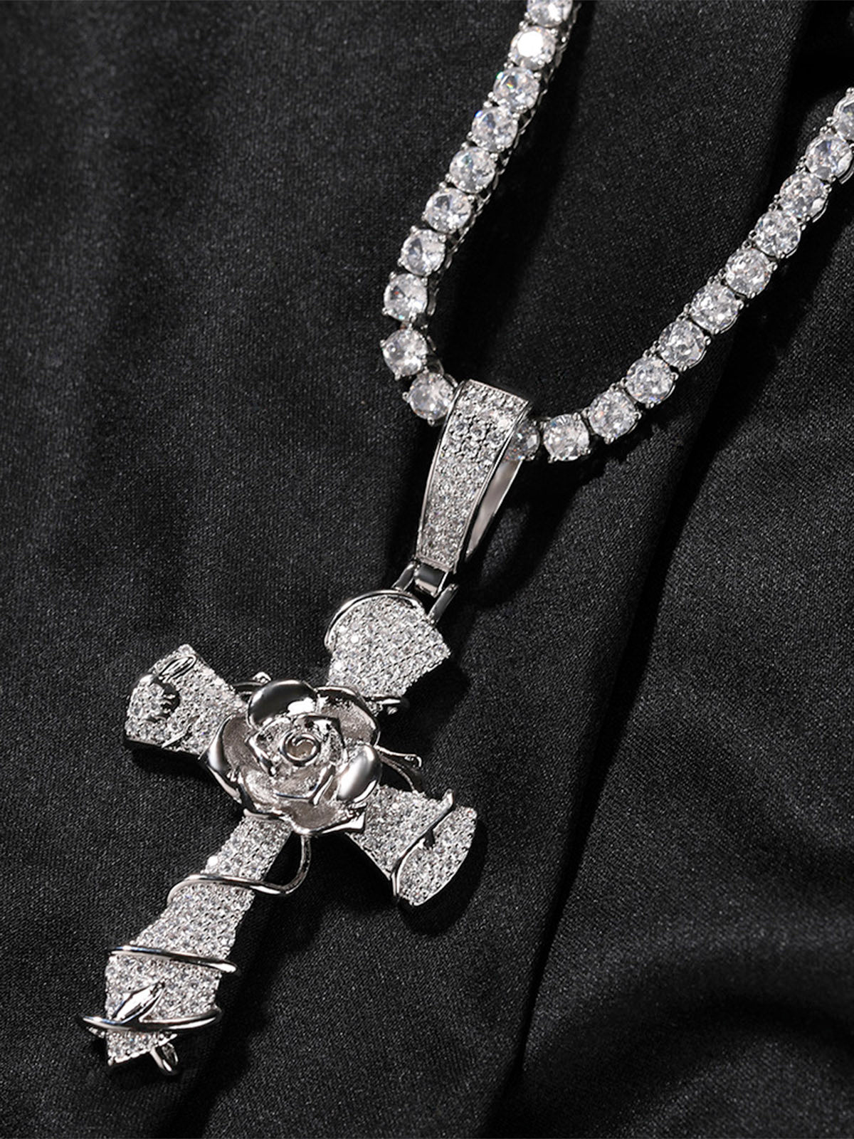 Copper-Plated 5A Zircon Rose Cross Necklace