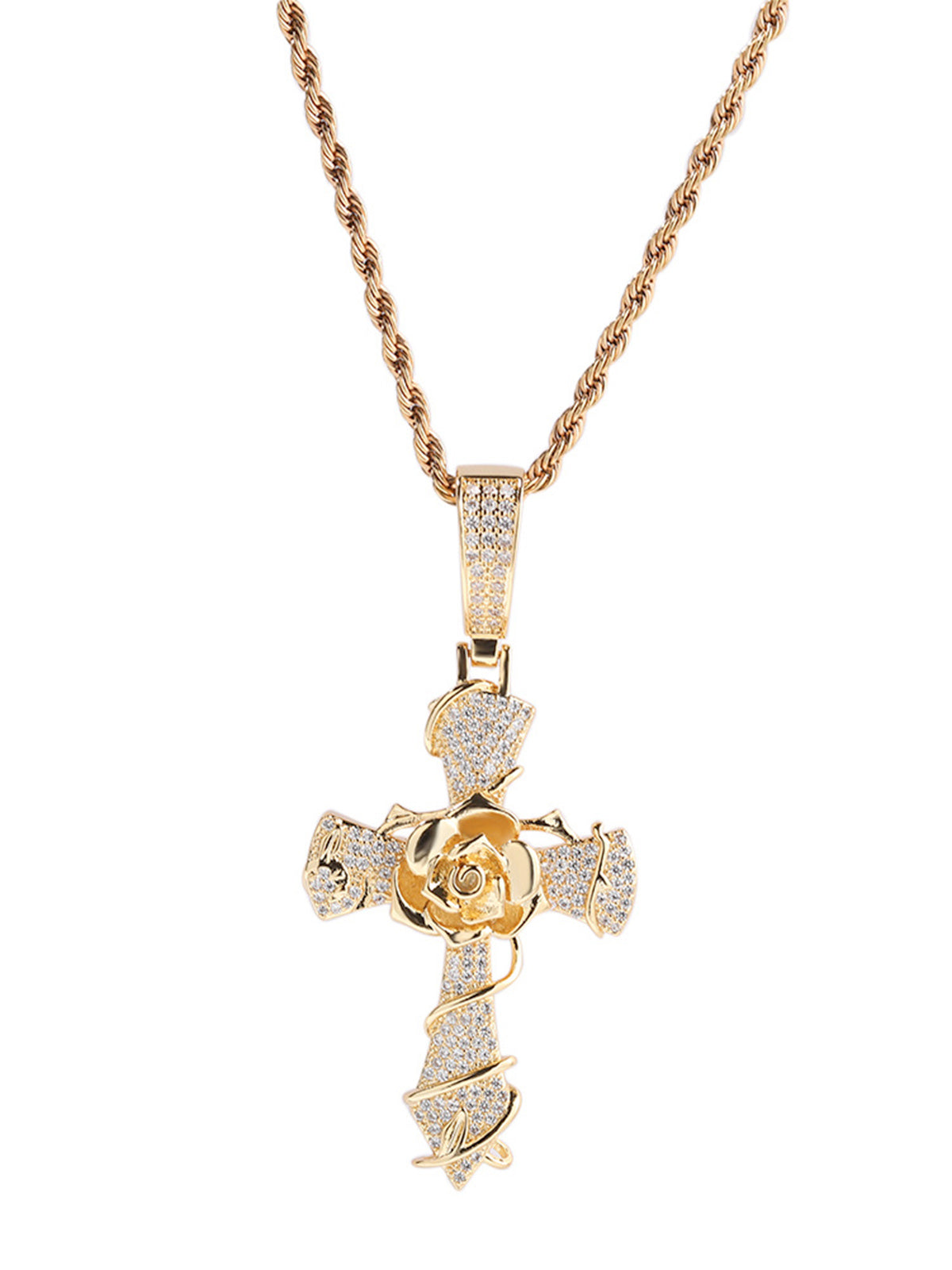 Copper-Plated 5A Zircon Rose Cross Necklace