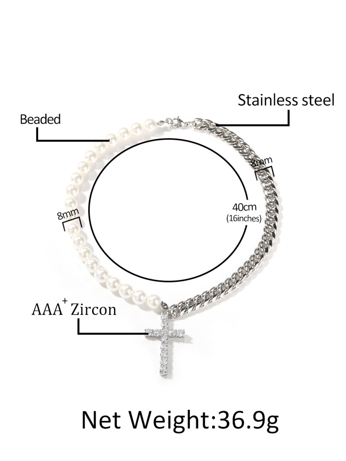 Stainless steel Cuban link and pearl combined Necklace
