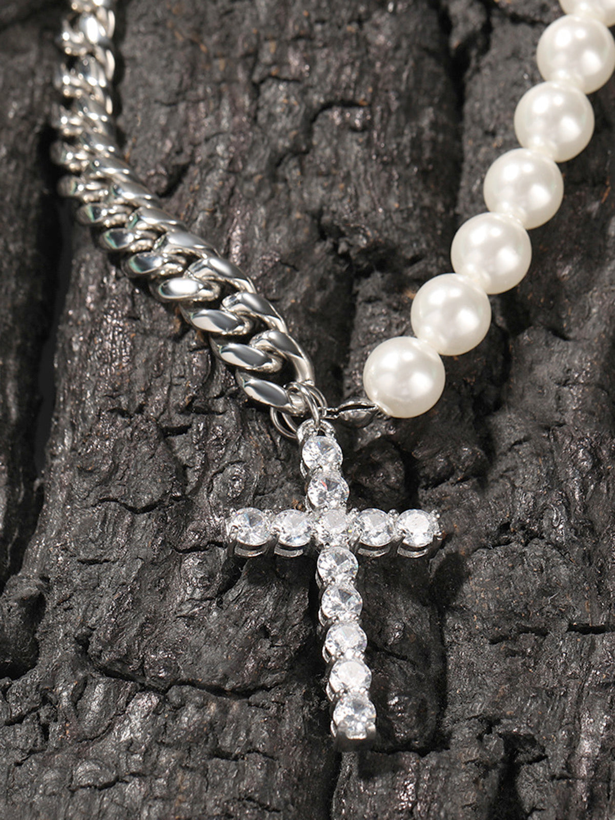 Stainless steel Cuban link and pearl combined Necklace