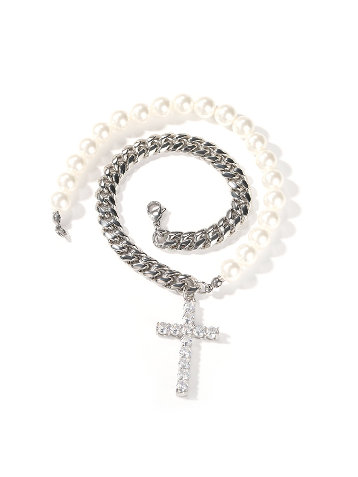 Stainless steel Cuban link and pearl combined Necklace