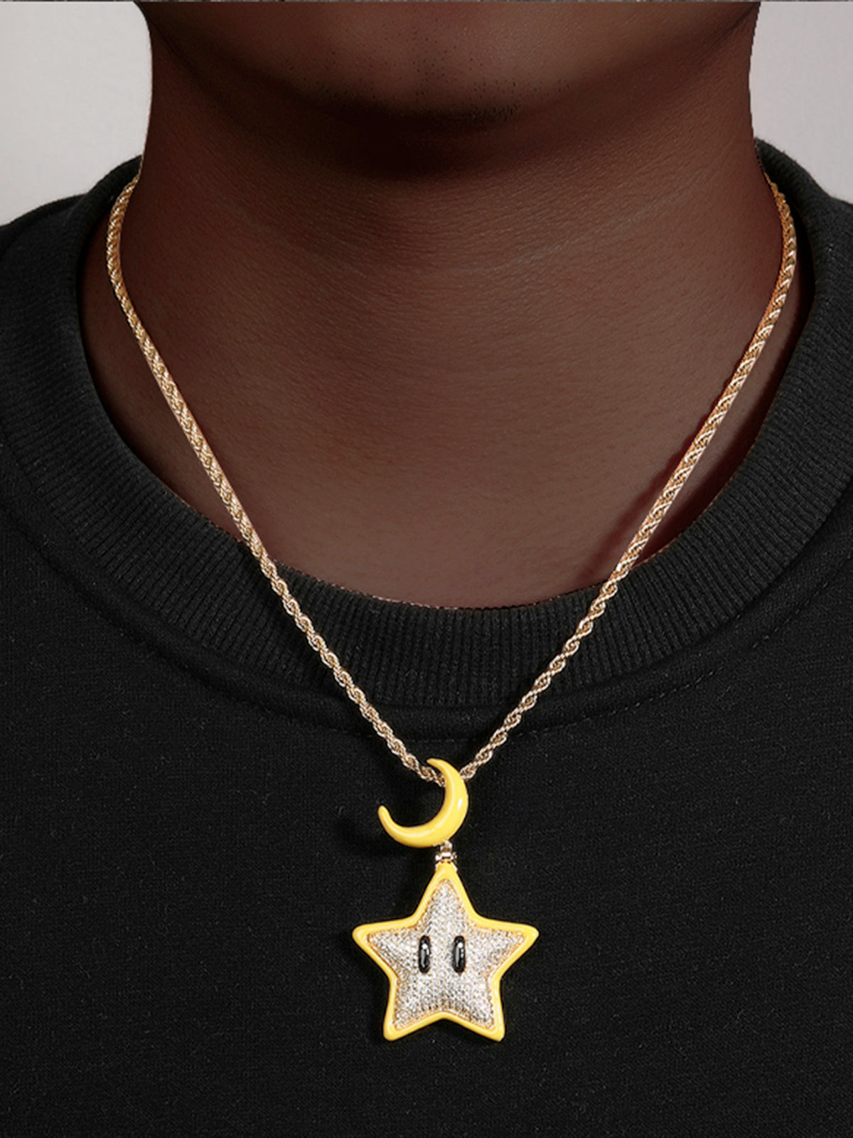 Cartoon Night Glowing Star Hip-hop Necklace with Rhinestone