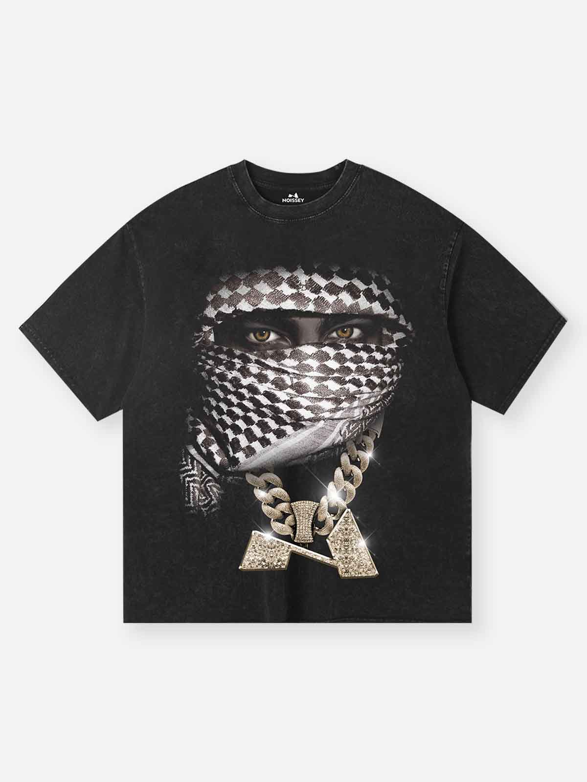 High-Quality Vintage Scarf Black Print 300g T-shirt