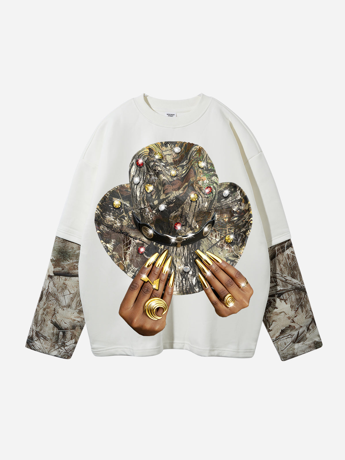 Real tree Denim Diamond-Hooded Fake Two-Piece Long Sleeve