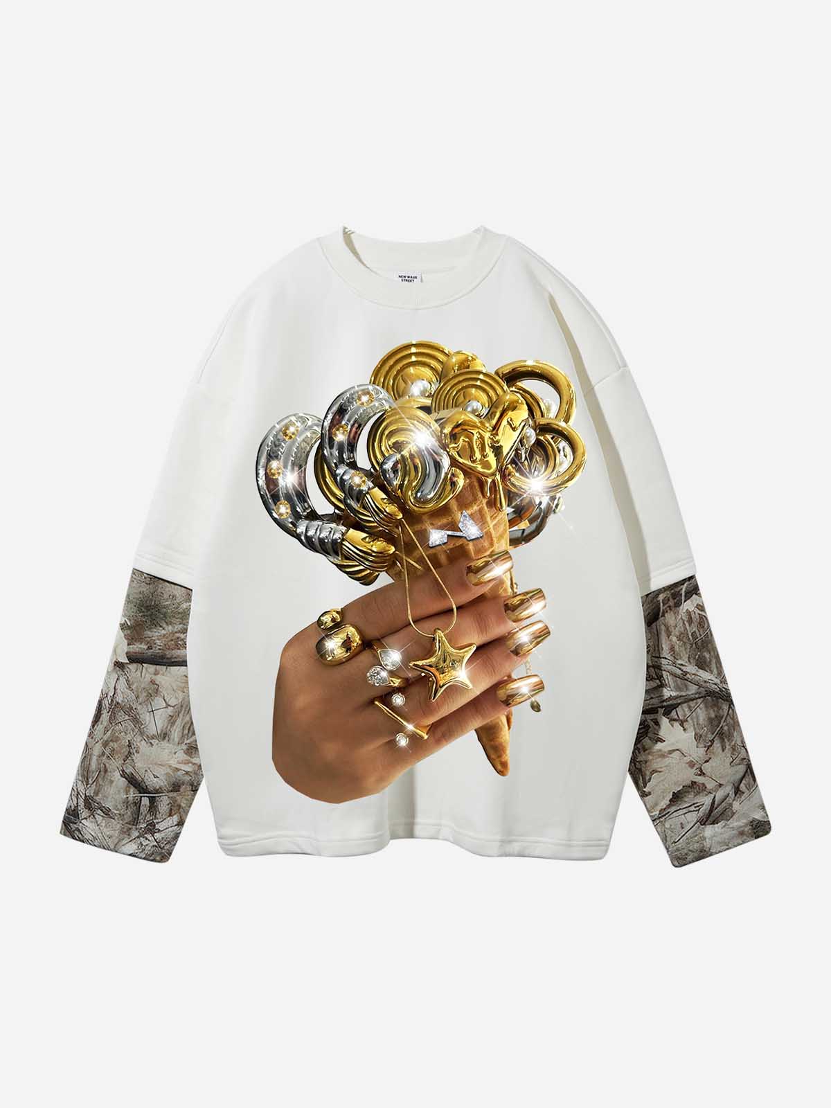 Golden Jewelry Ice Cream Print Tree-Pattern Two-in-One Long Sleeve