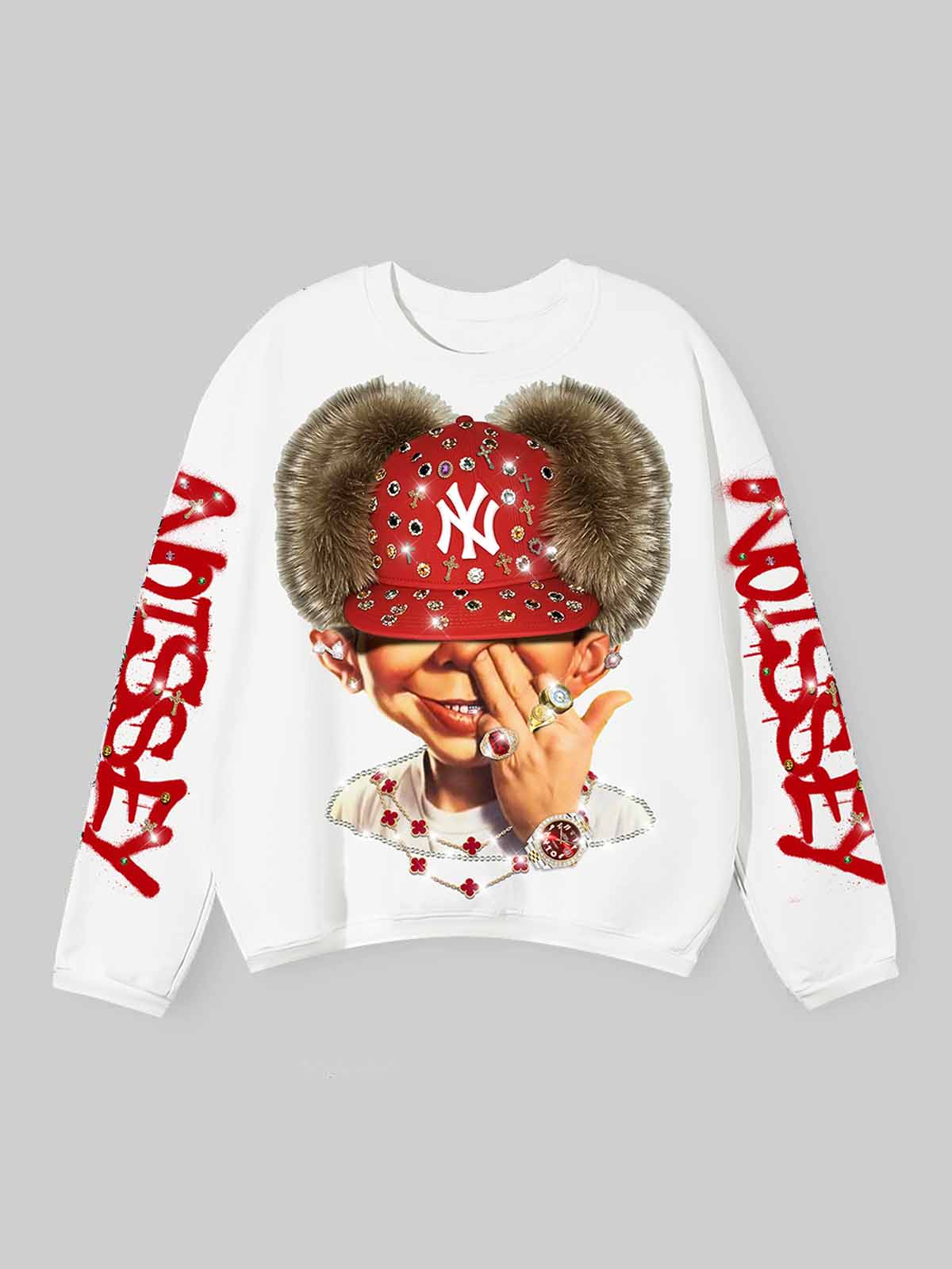 "Bad Boy" & Red Diamond Beanie Print Air-Cotton Long-Sleeve