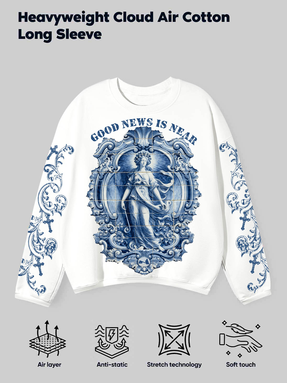 Maiolica Blue Vintage Style Print Air-Layered Long-Sleeve