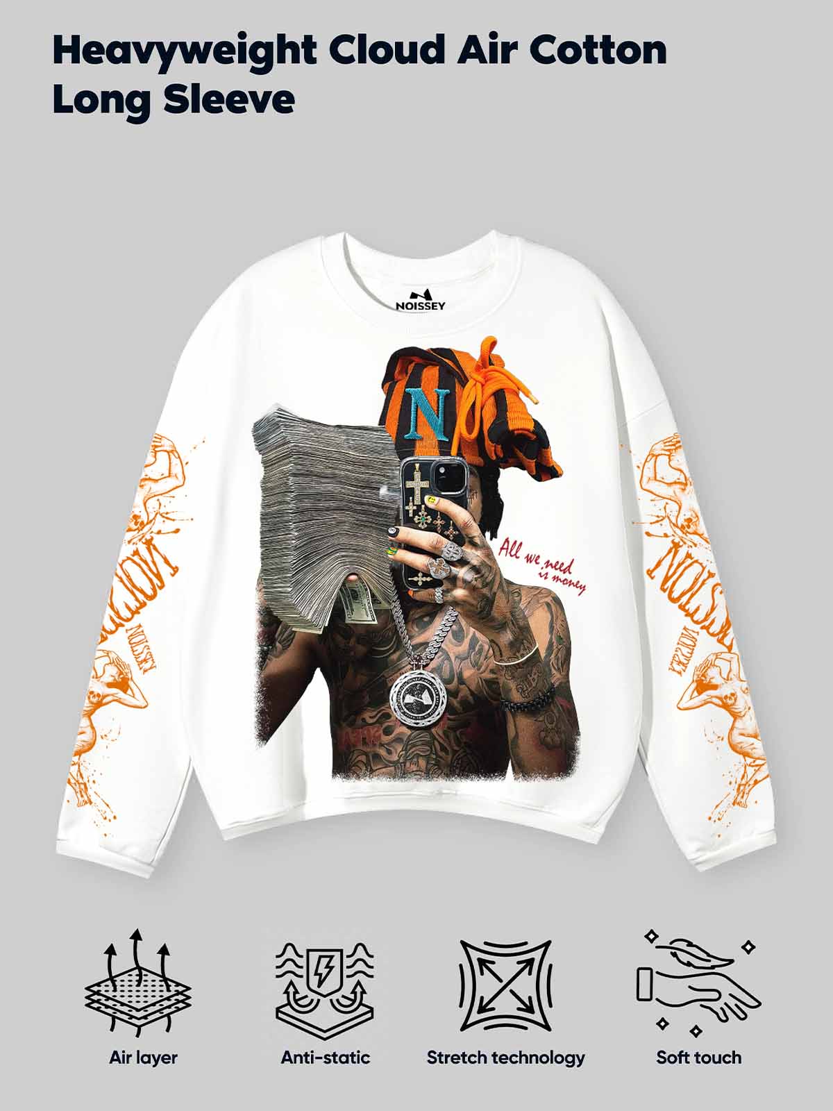 "All We Need Is Money" Mirror Selfie Character Print Air-Layer Long Sleeve