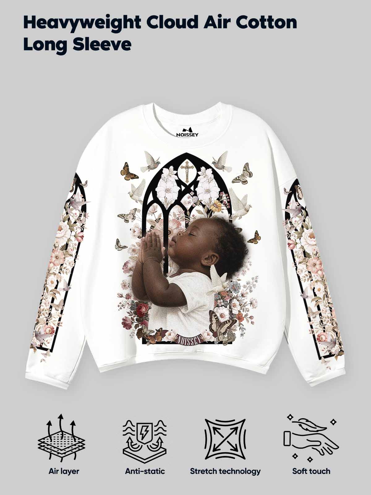 Child Praying Before Ornate Window Print White Air-Cotton Long-Sleeve Shirt