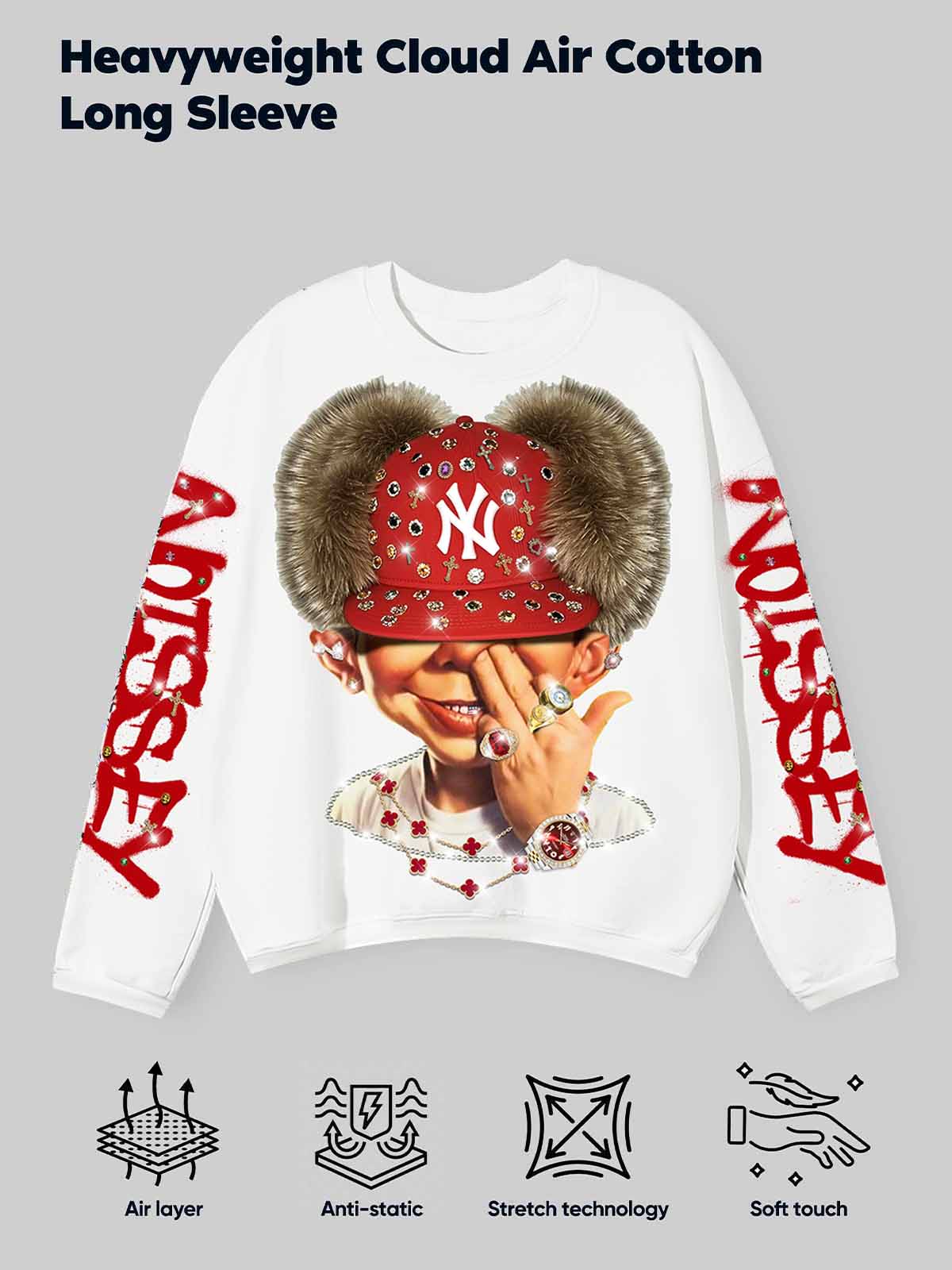 "Bad Boy" & Red Diamond Beanie Print Air-Cotton Long-Sleeve