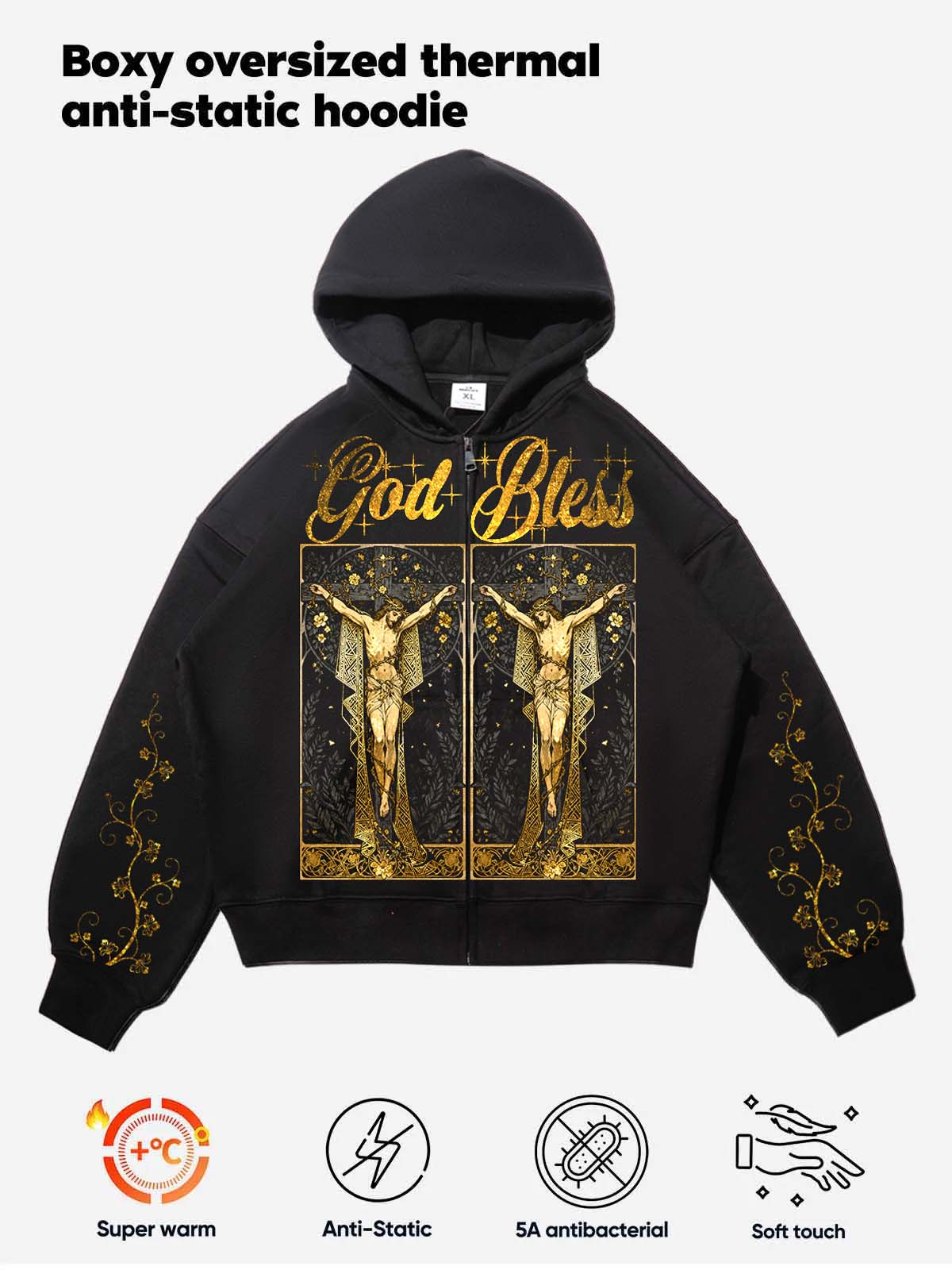 "GOD BLESS" Golden Illustrative Style Black Print Hoodie