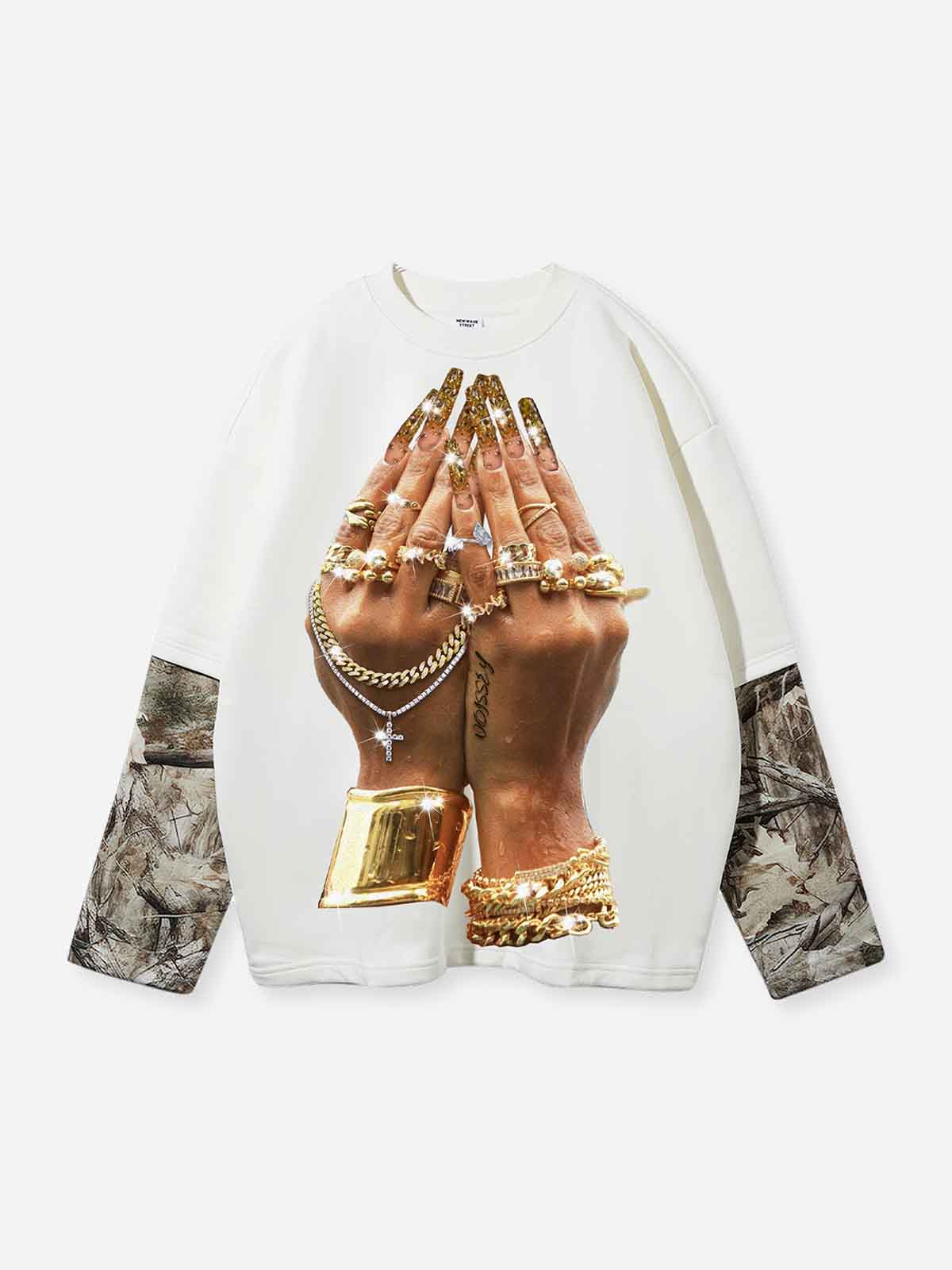 Golden Art Nail Patchwork Tree-Grain Print Long Sleeve