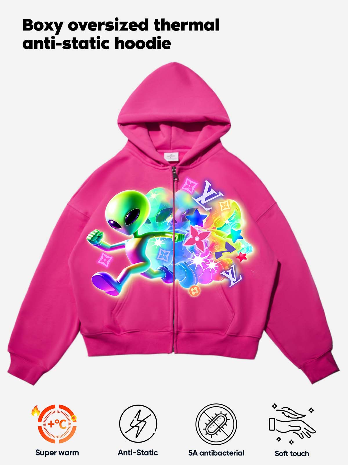 Running Rainbow-Colored Alien Pink Print Hoodie