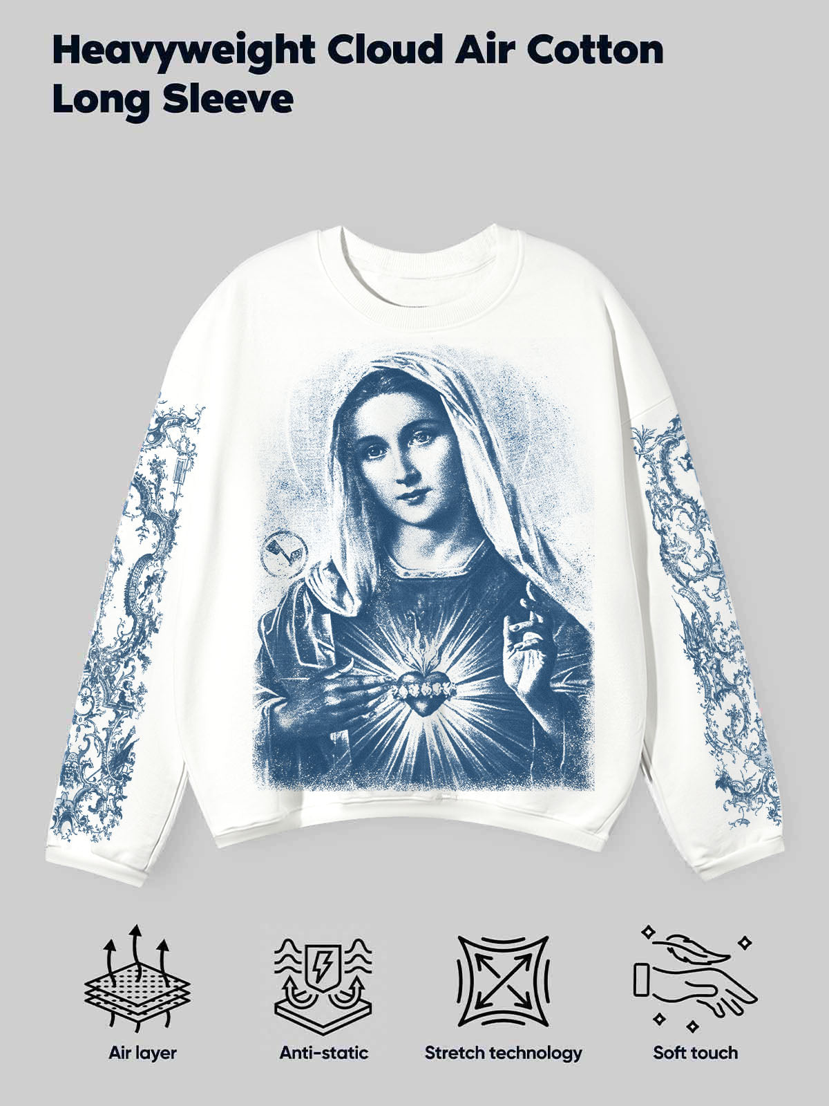 The Virgin Mary Cyanotype Art Style Printed Air-Layer Long-Sleeve Shirt
