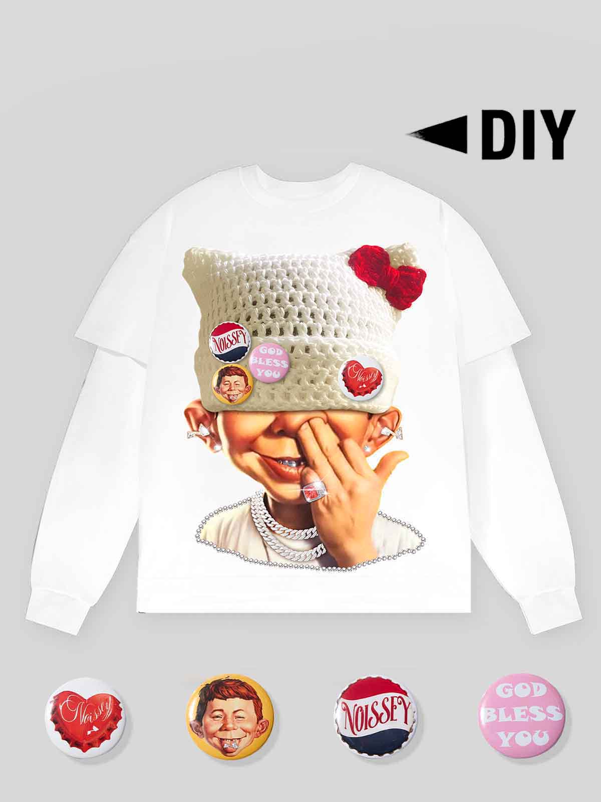 Badge DIY! Bad Boy's Woolen Hat Print Two-Piece Long-Sleeve T-Shirt