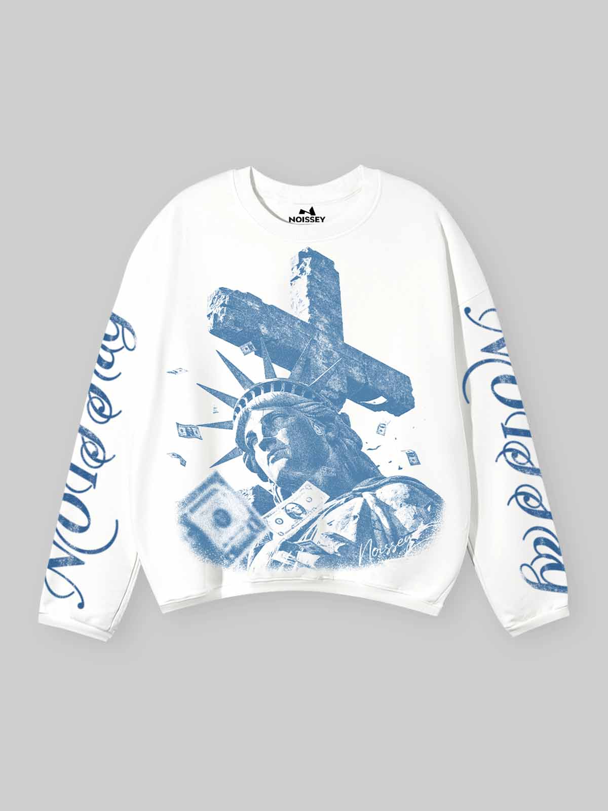 Cyanotype Style Statue of Liberty under Cross Print Air Layer Long Sleeve