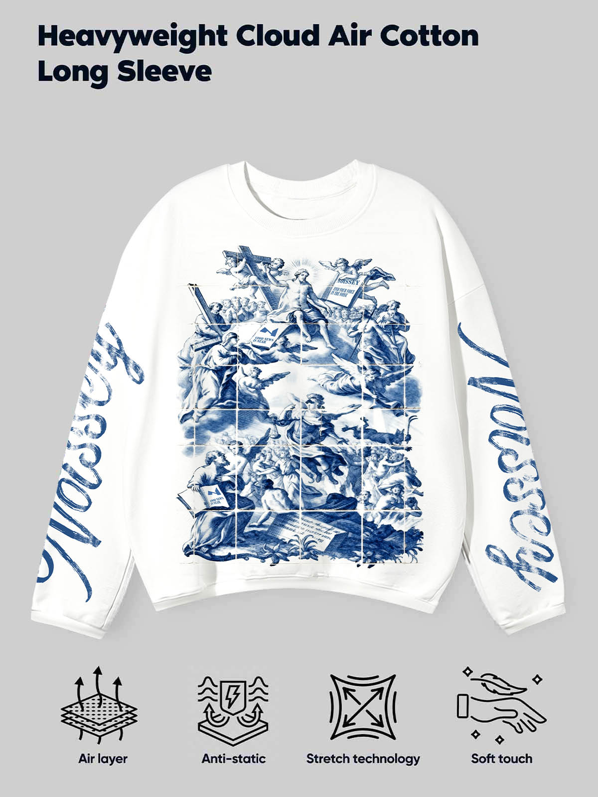 Maiolica Blue Mural Style Print Air-Layered Long-Sleeve