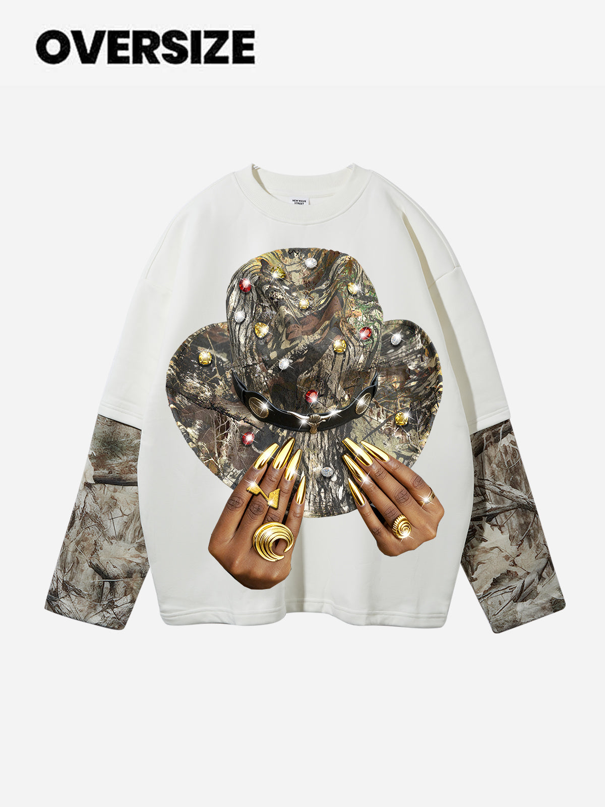 Real tree Denim Diamond-Hooded Fake Two-Piece Long Sleeve