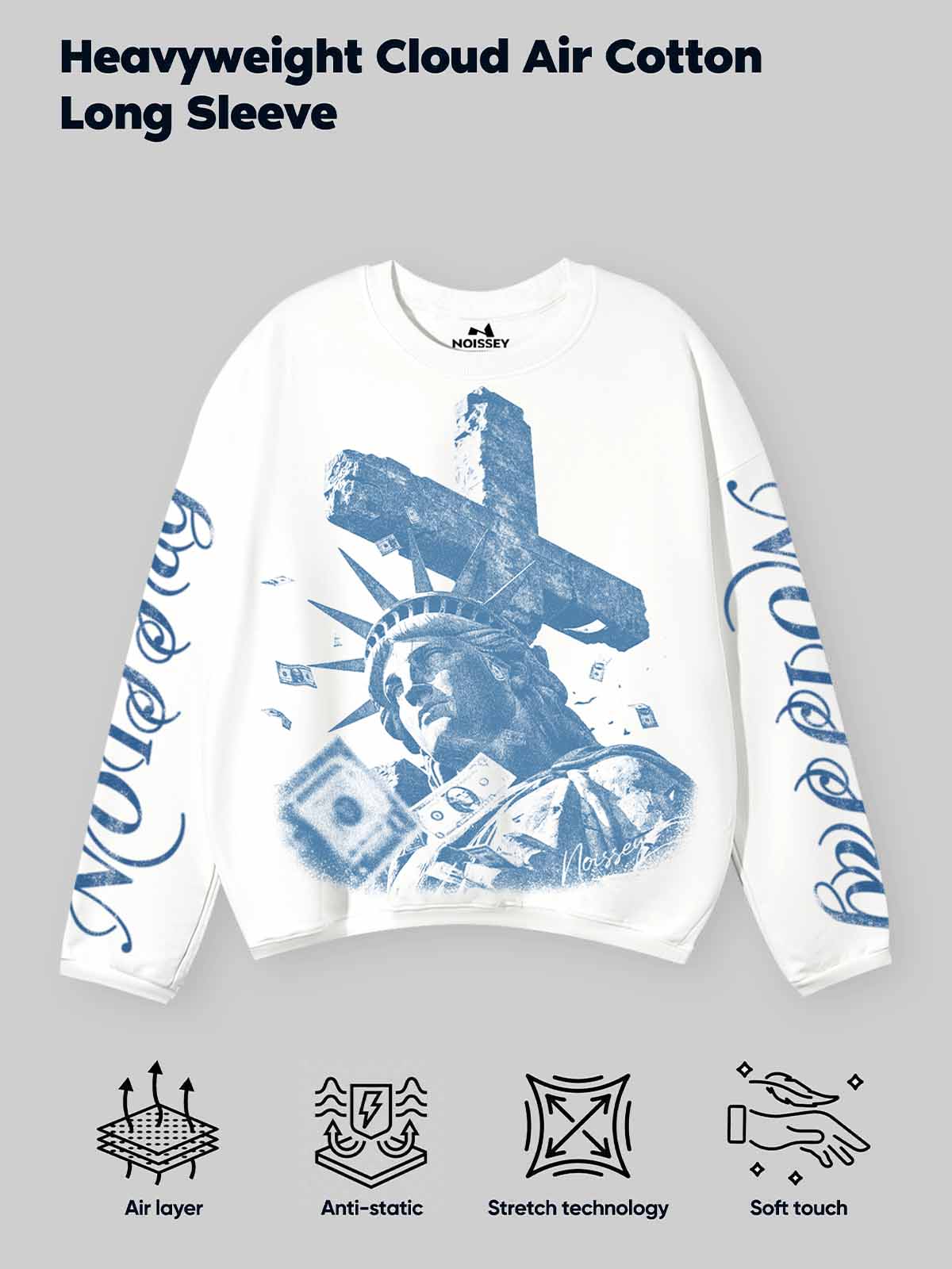 Cyanotype Style Statue of Liberty under Cross Print Air Layer Long Sleeve