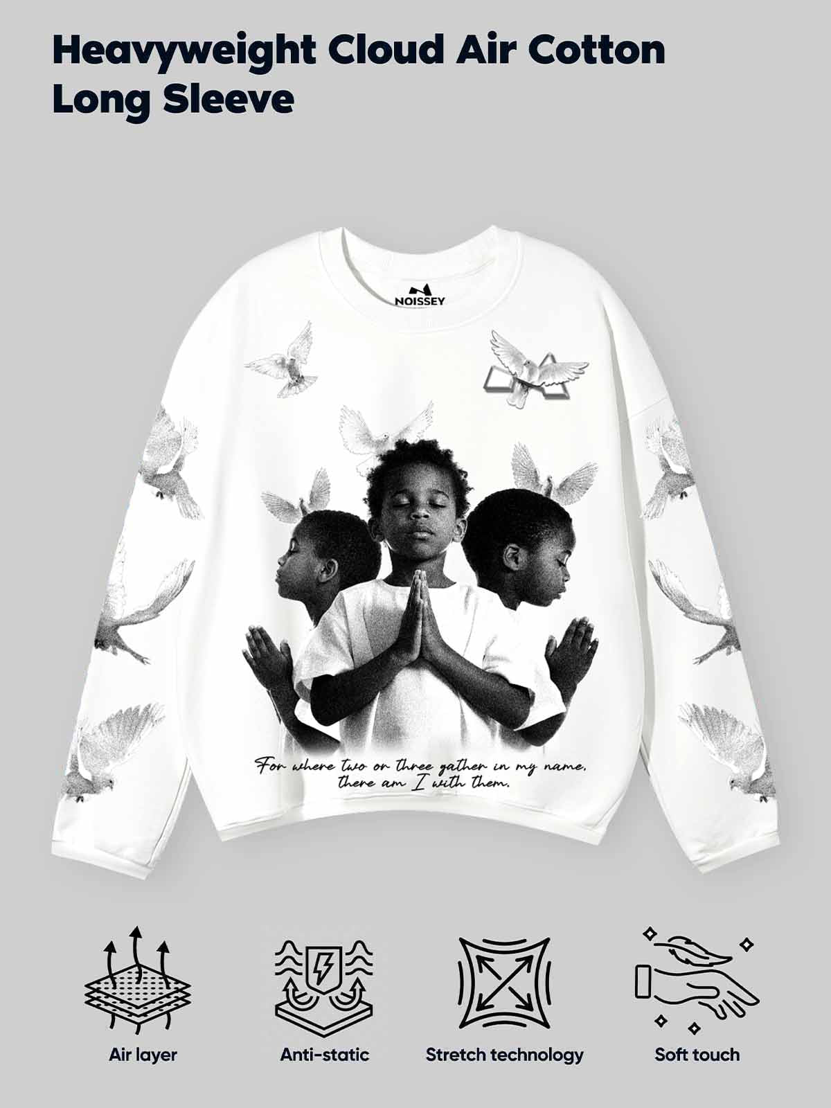 Praying boy and peace dove print air layer long sleeves