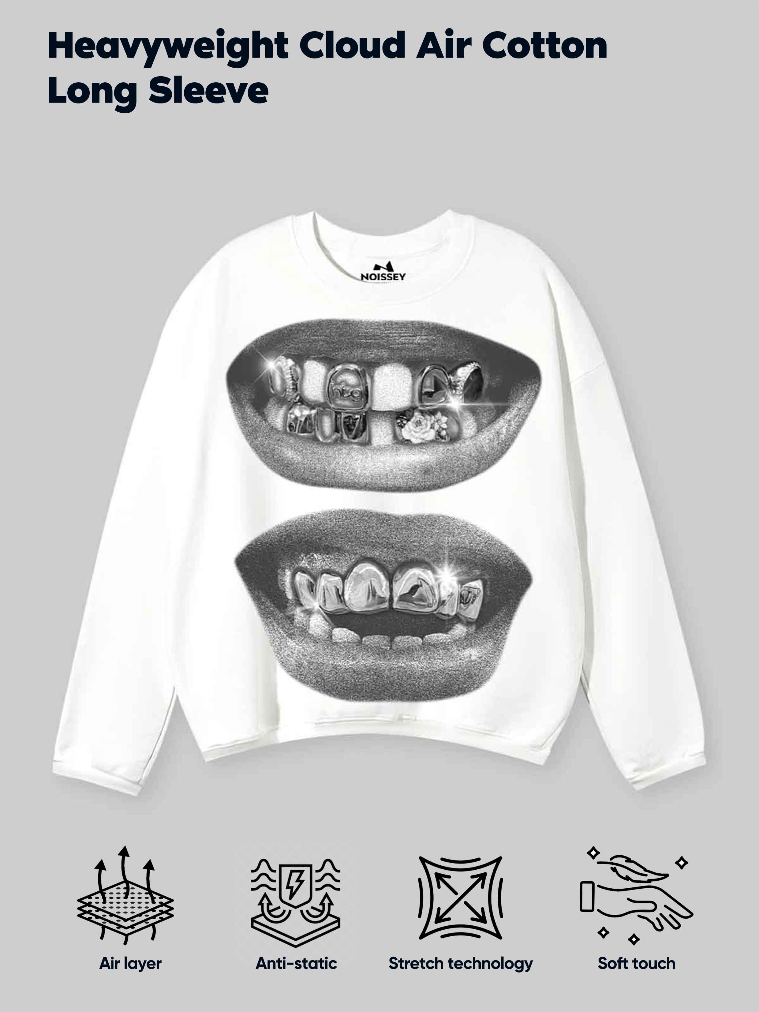 Retro Black Lips Grills Print Air-Layer Double-Faced Long Sleeve