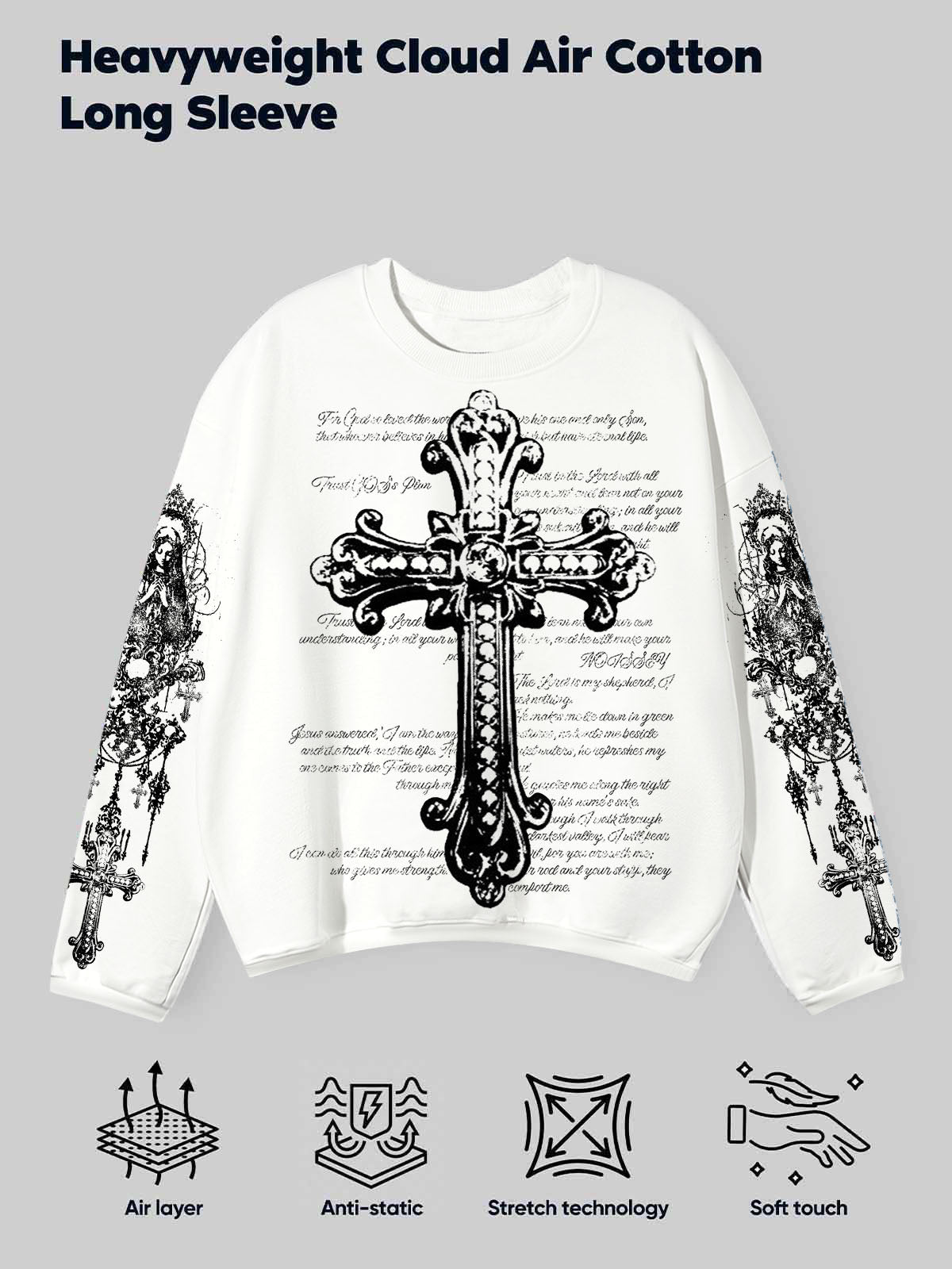 Retro Monochrome Cross Print Air-Layer Long-Sleeve