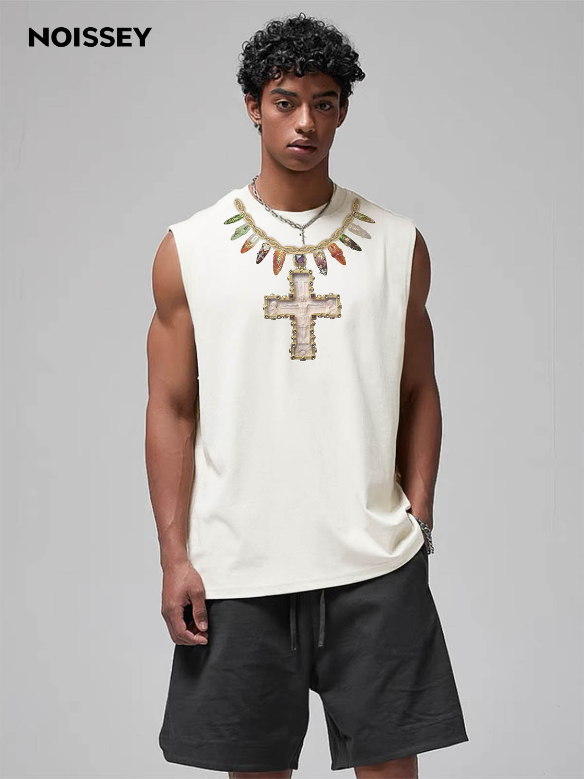 Cross Necklace Print 270g Sleeveless Round Neck Tank Top