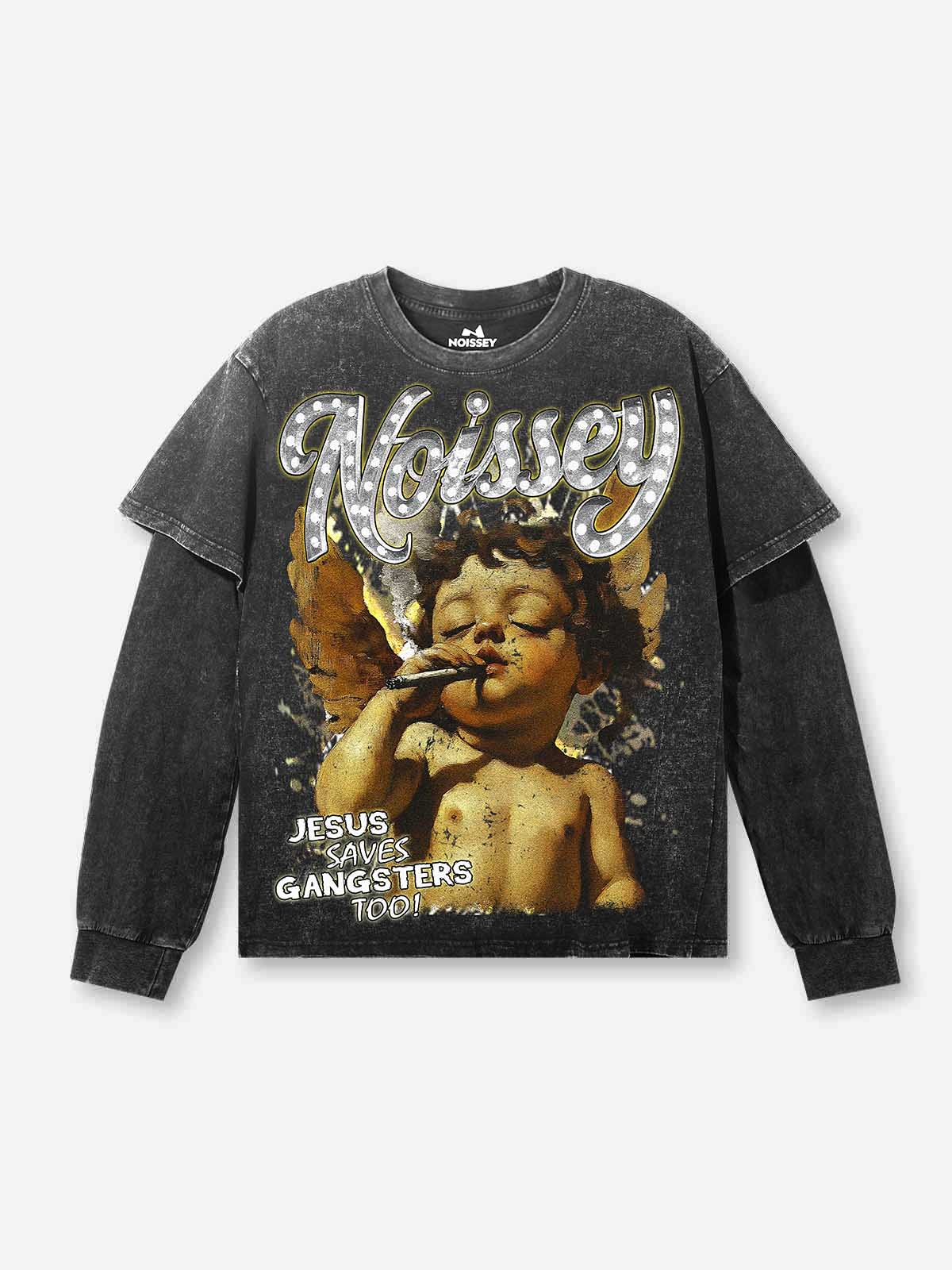 Vintage Little Angel Black Washed Fake Two-Piece Printed Long-Sleeve Shirt