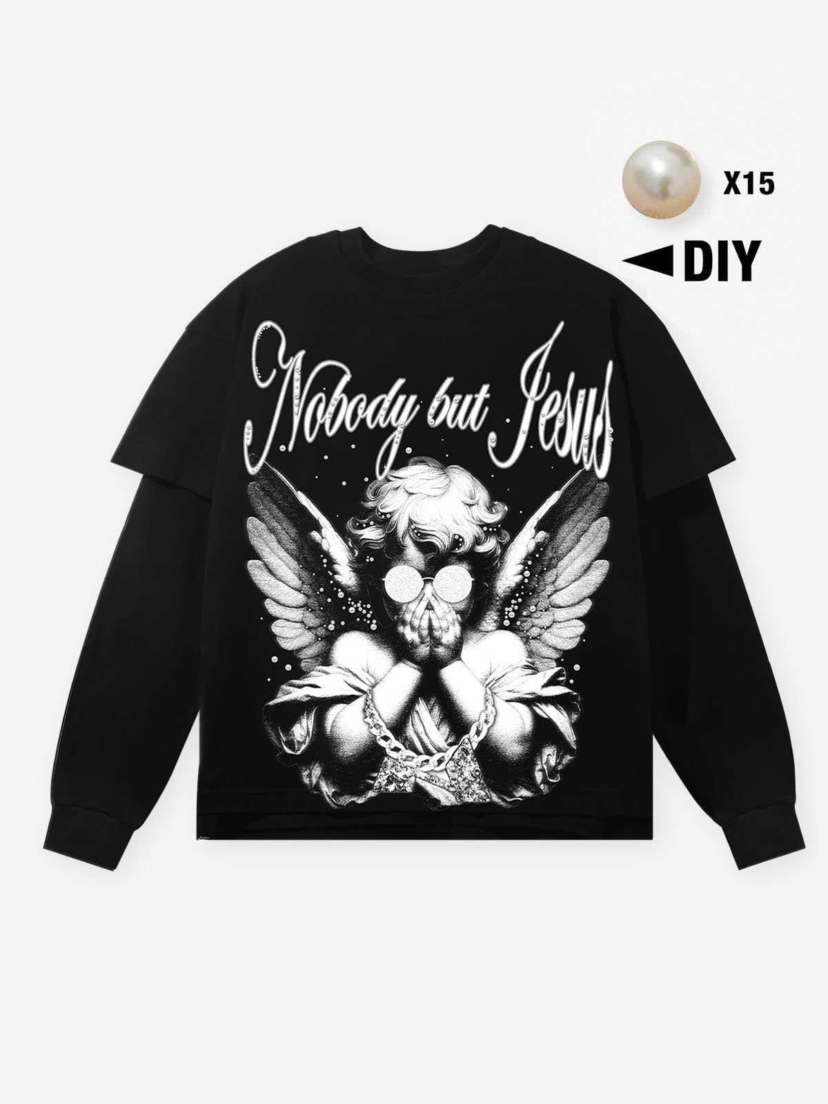 NOBODY BUT JESUS Black-and-White Pearl Angel Print Long-Sleeve