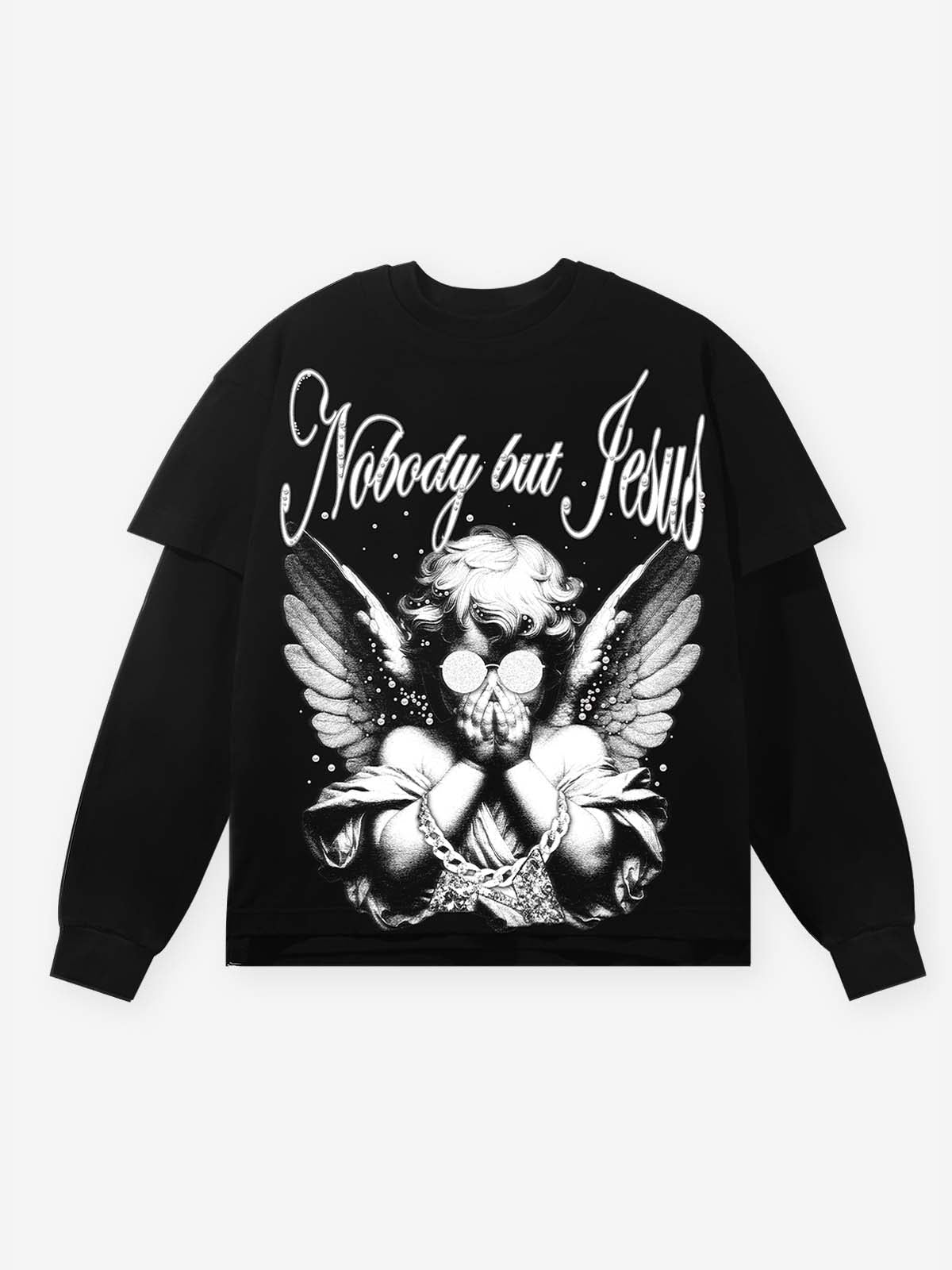 NOBODY BUT JESUS Black-and-White Pearl Angel Print Long-Sleeve