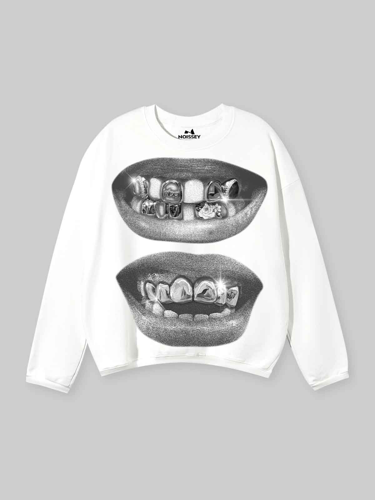 Retro Black Lips Grills Print Air-Layer Double-Faced Long Sleeve