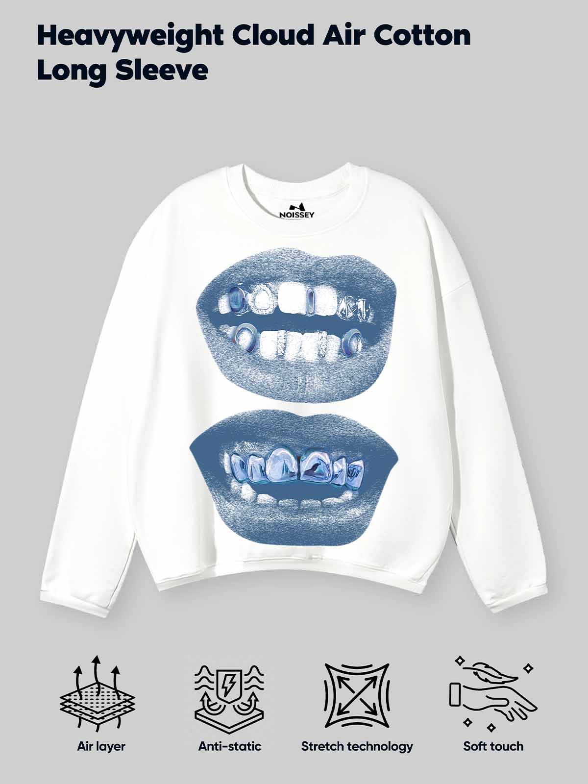 Retro Blue Lips Grills Print Air cotton Long-Sleeve