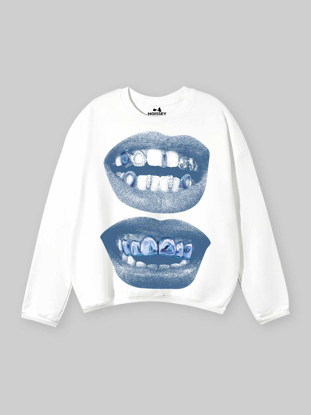 Retro Blue Lips Grills Print Air cotton Long-Sleeve