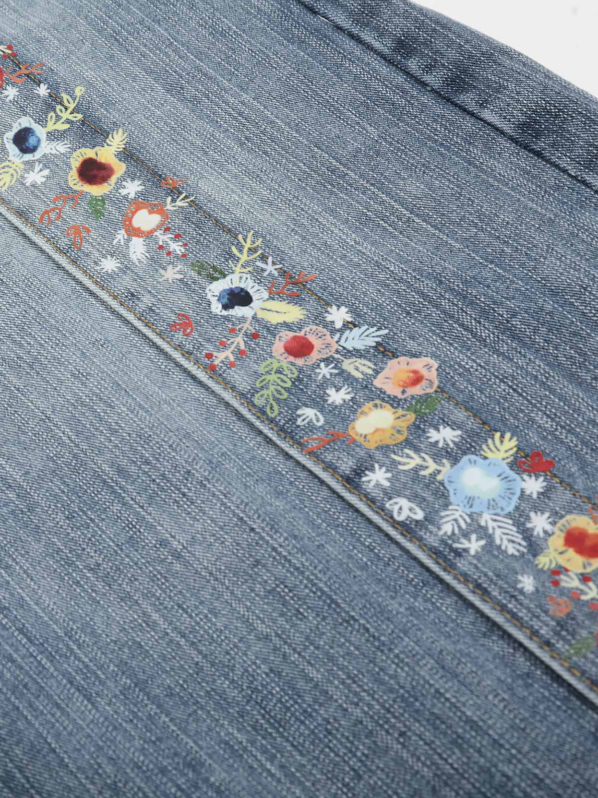 Unique Print Design Straight-Cut Mid-Split Jeans