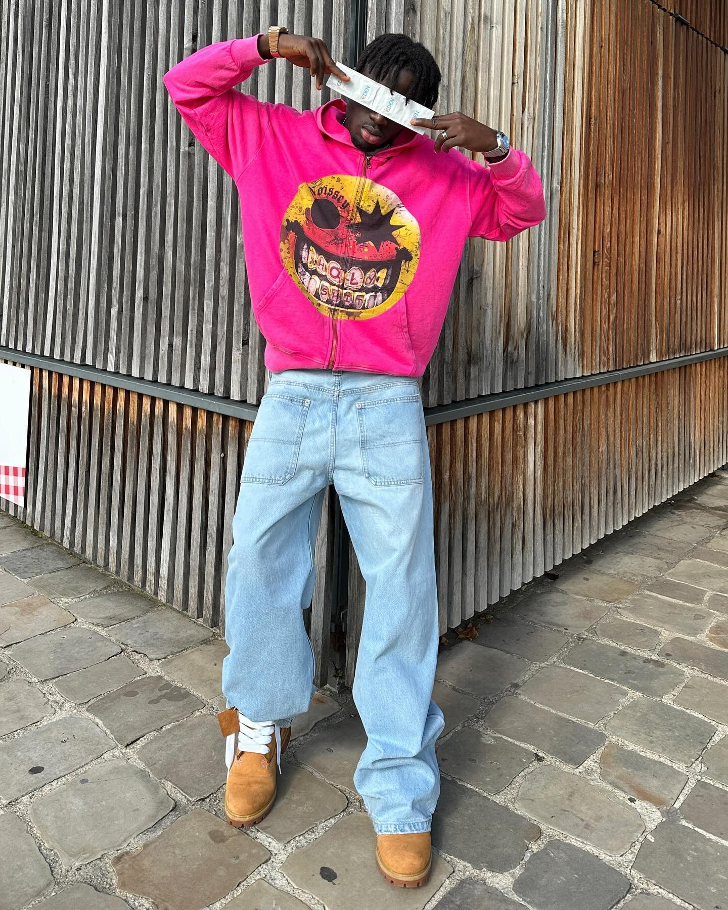Gangster Smiley Pink Wash  Print Zip-Up Hoodie
