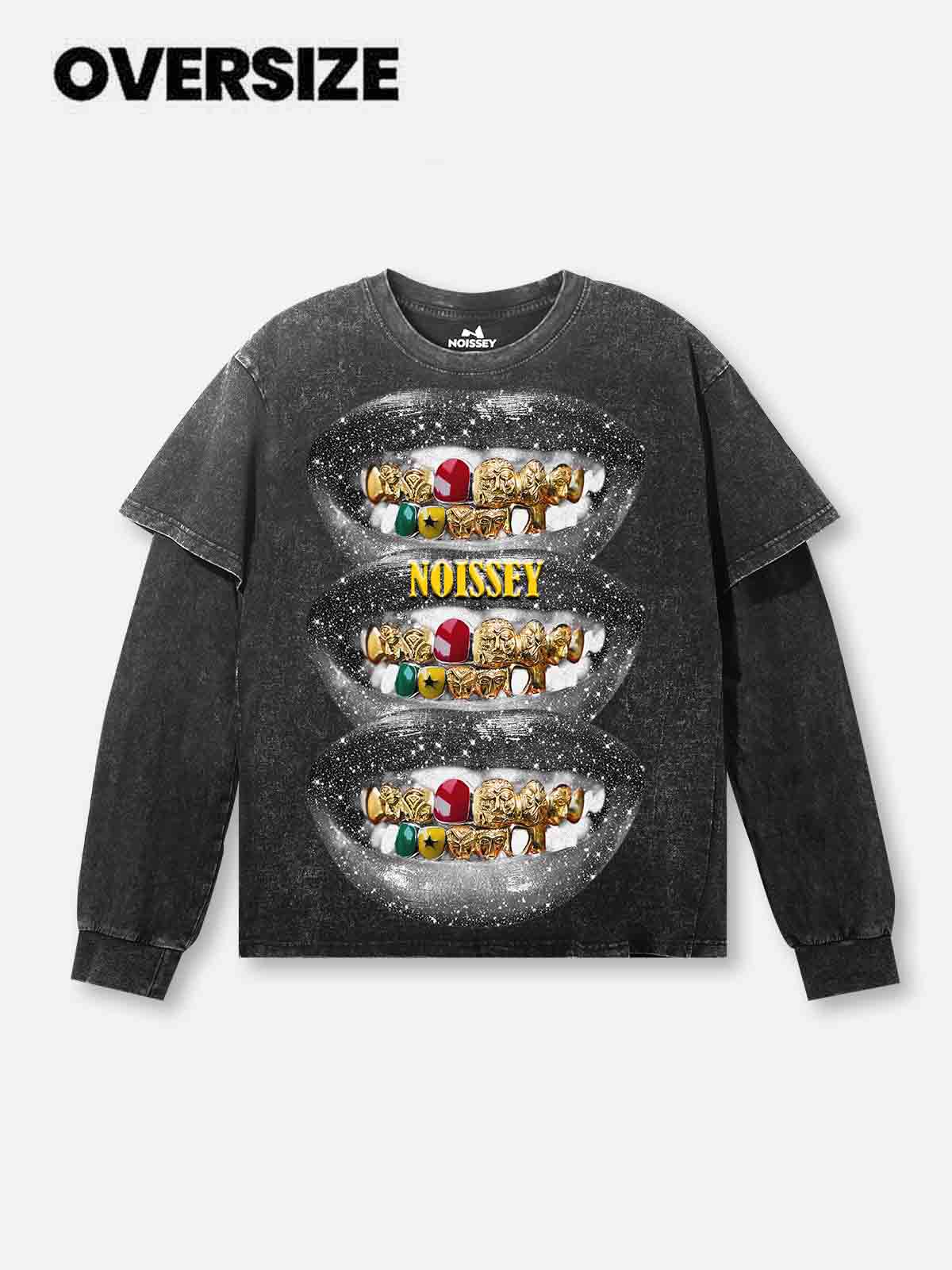 Starry Sky Vintage Grillz Washed Fake Two-Piece Print Long-Sleeve T-shirt