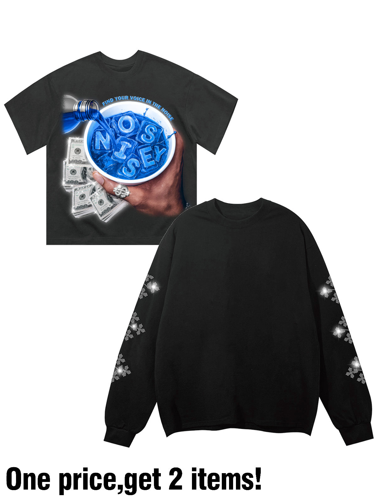 "Cheers to Money" Printed Two-Piece Long-Sleeve T-Shirt