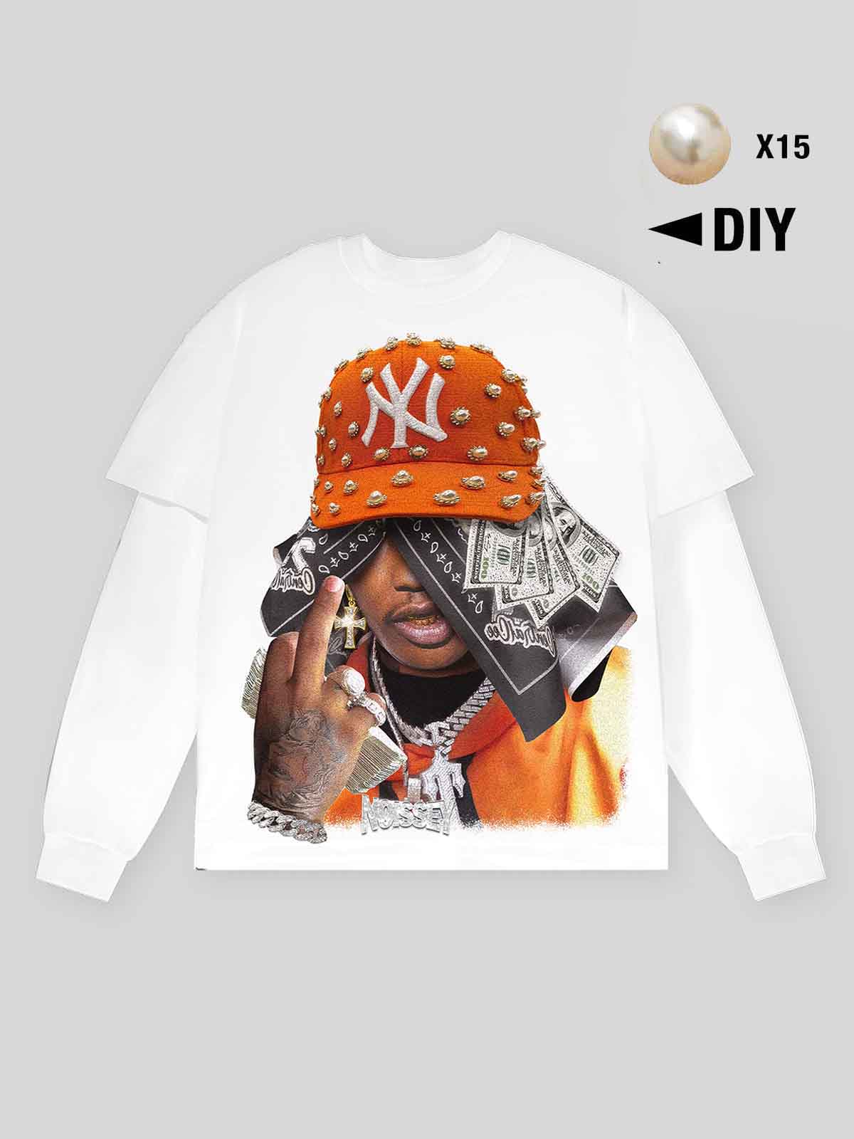 Orange Pearl Cap-style Headscarf Print Two-piece Long Sleeve T-shirt