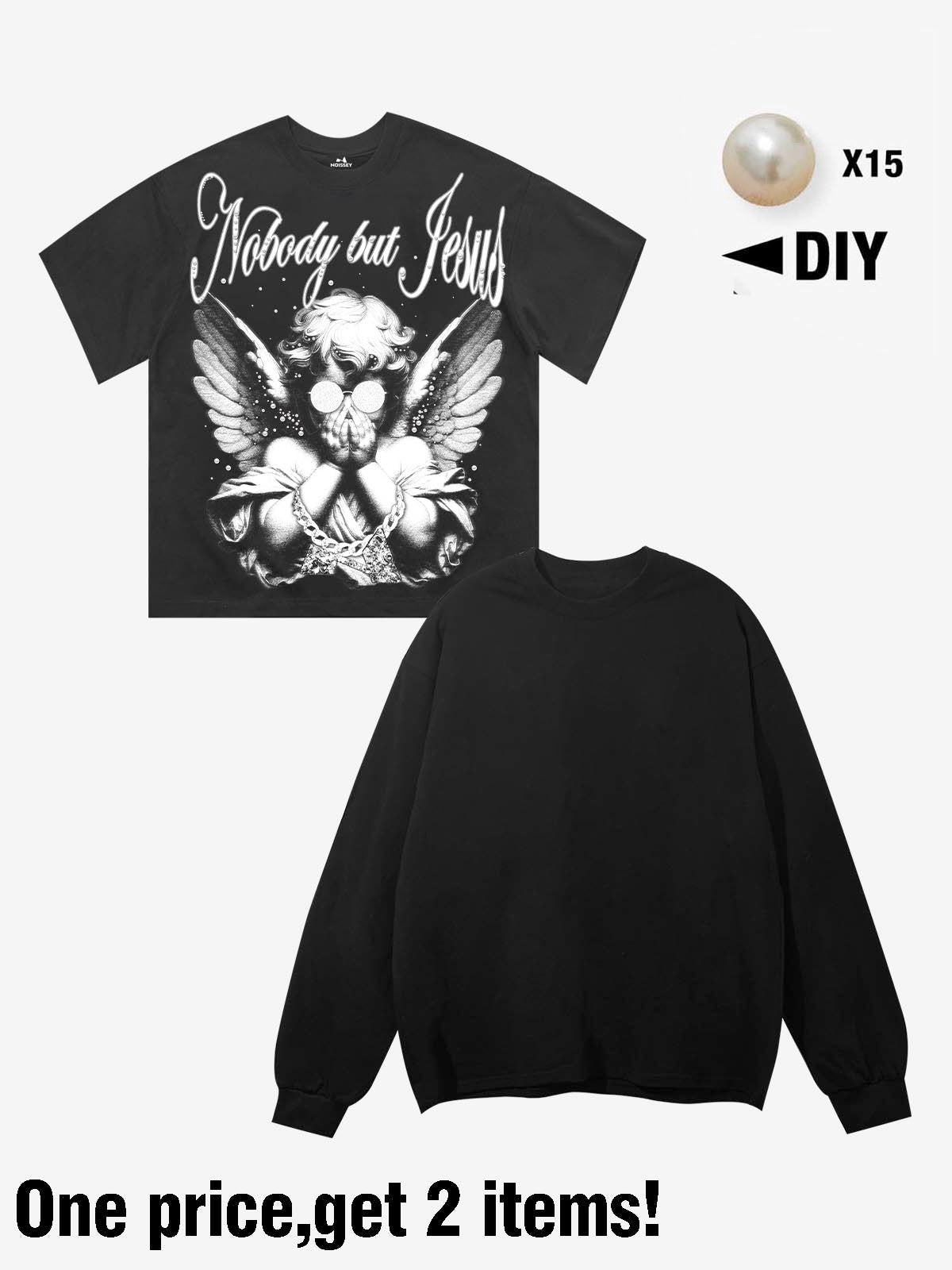 NOBODY BUT JESUS Black-and-White Pearl Angel Print Long-Sleeve