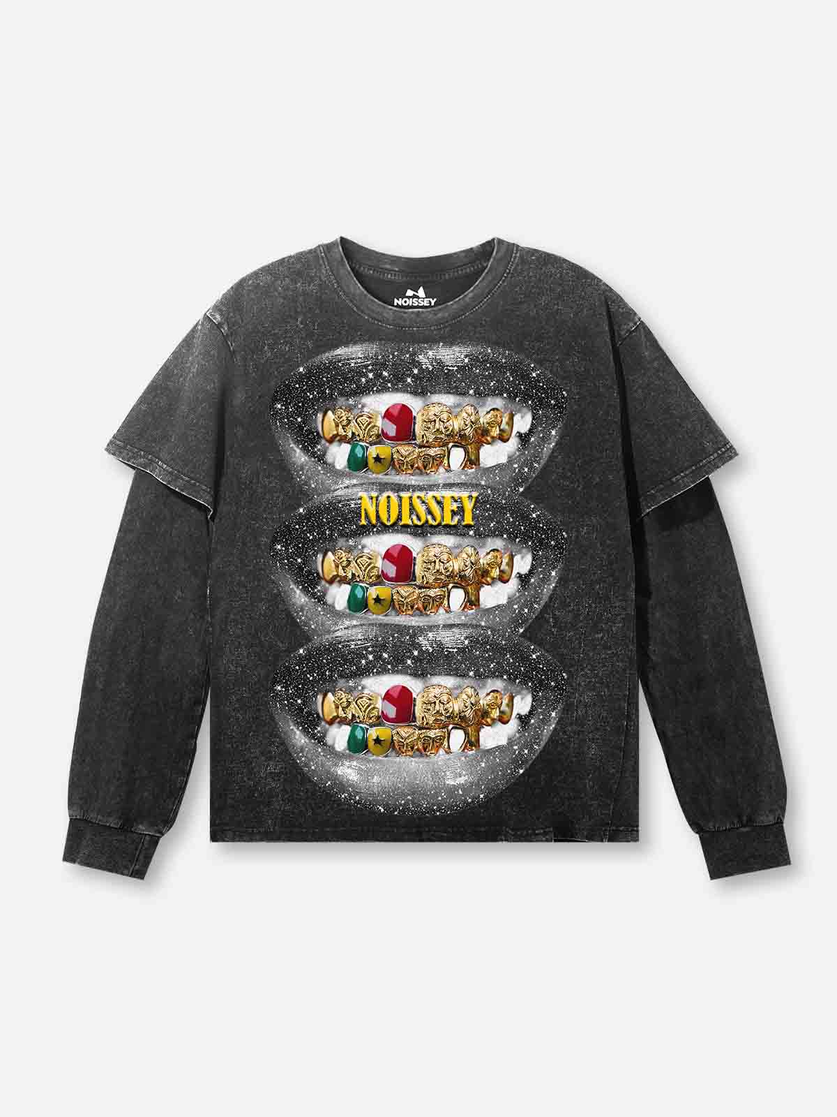 Starry Sky Vintage Grillz Washed Fake Two-Piece Print Long-Sleeve T-shirt