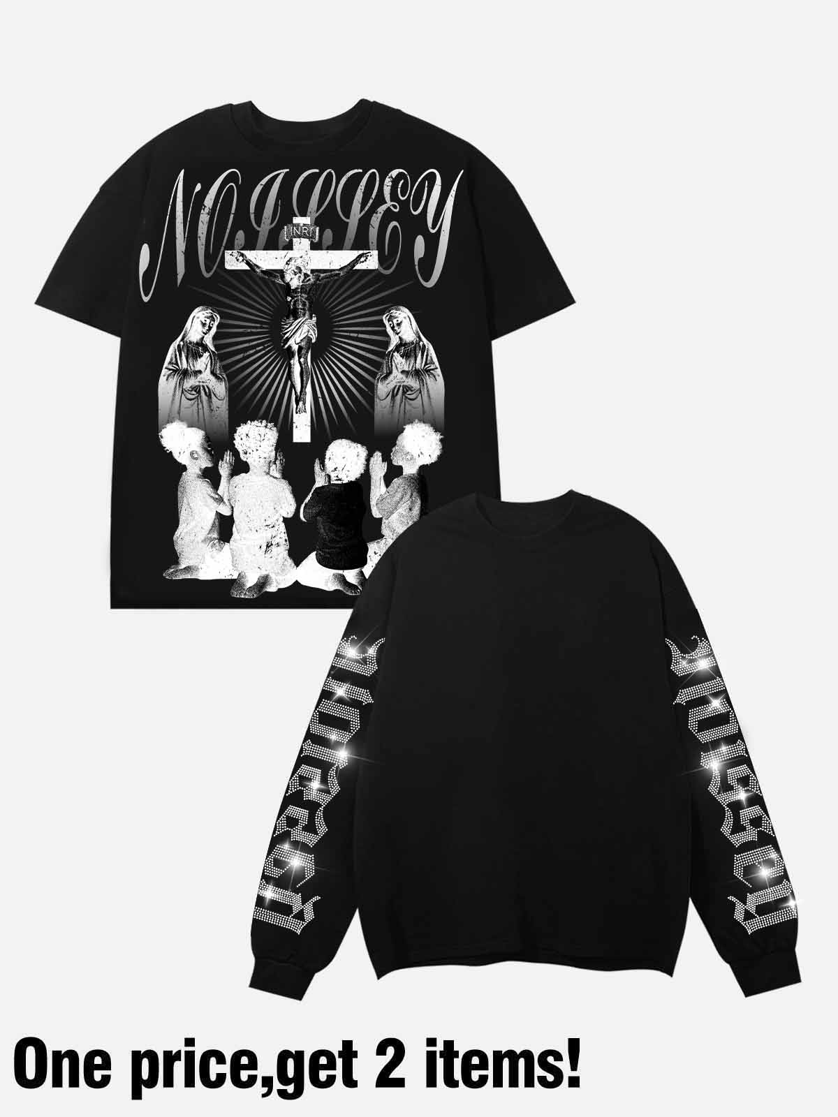 Praying Child Black Diamond Print Two-Piece Long-Sleeve T-Shirt