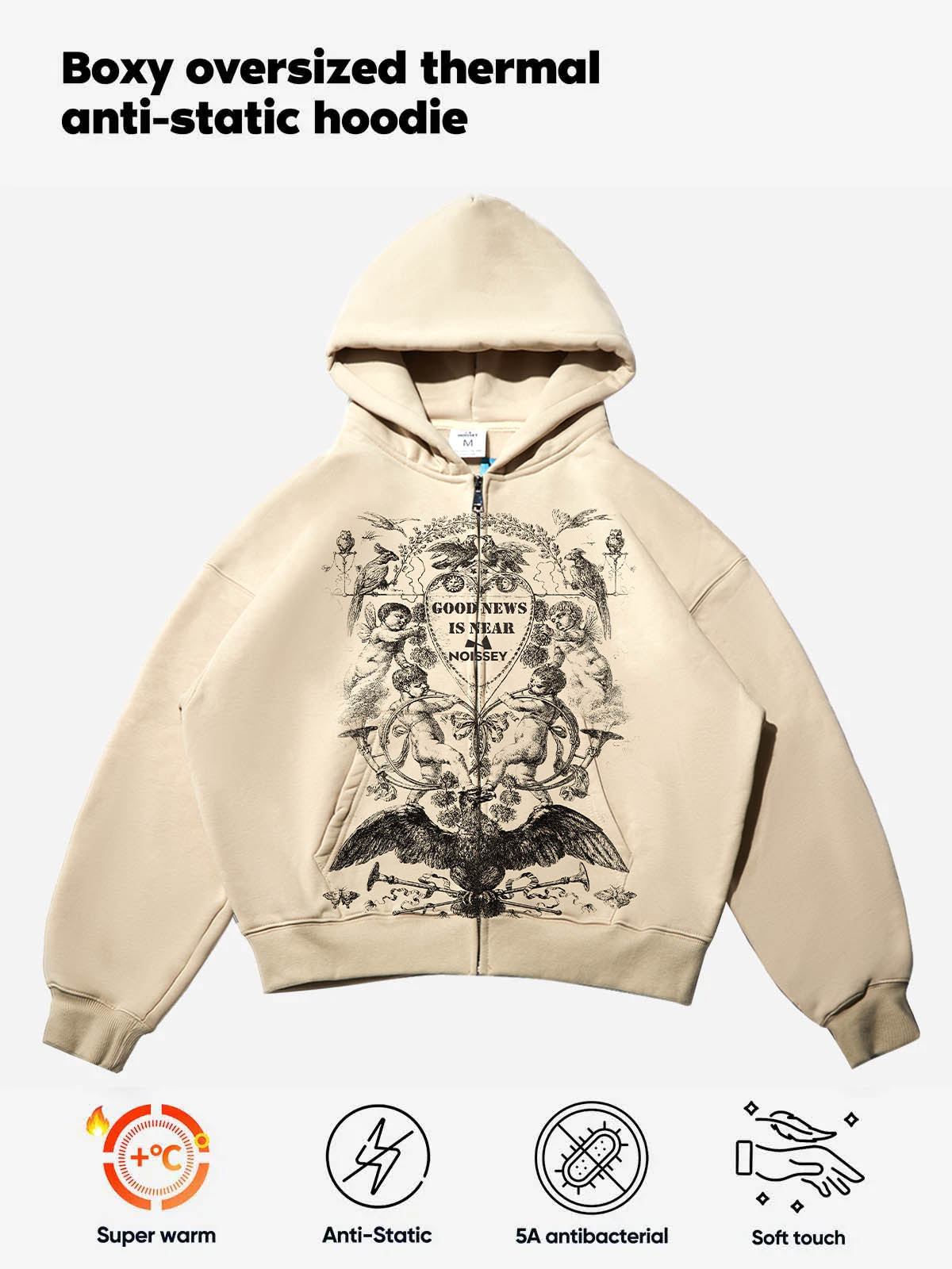 Monochrome Retro Mural Art Print Shell-colored Hoodie