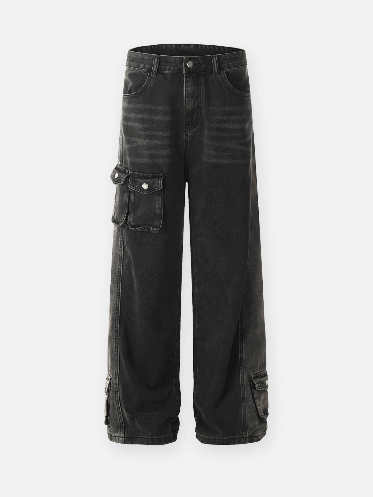 Multi-Pocket Design Washed Workwear Straight Jeans