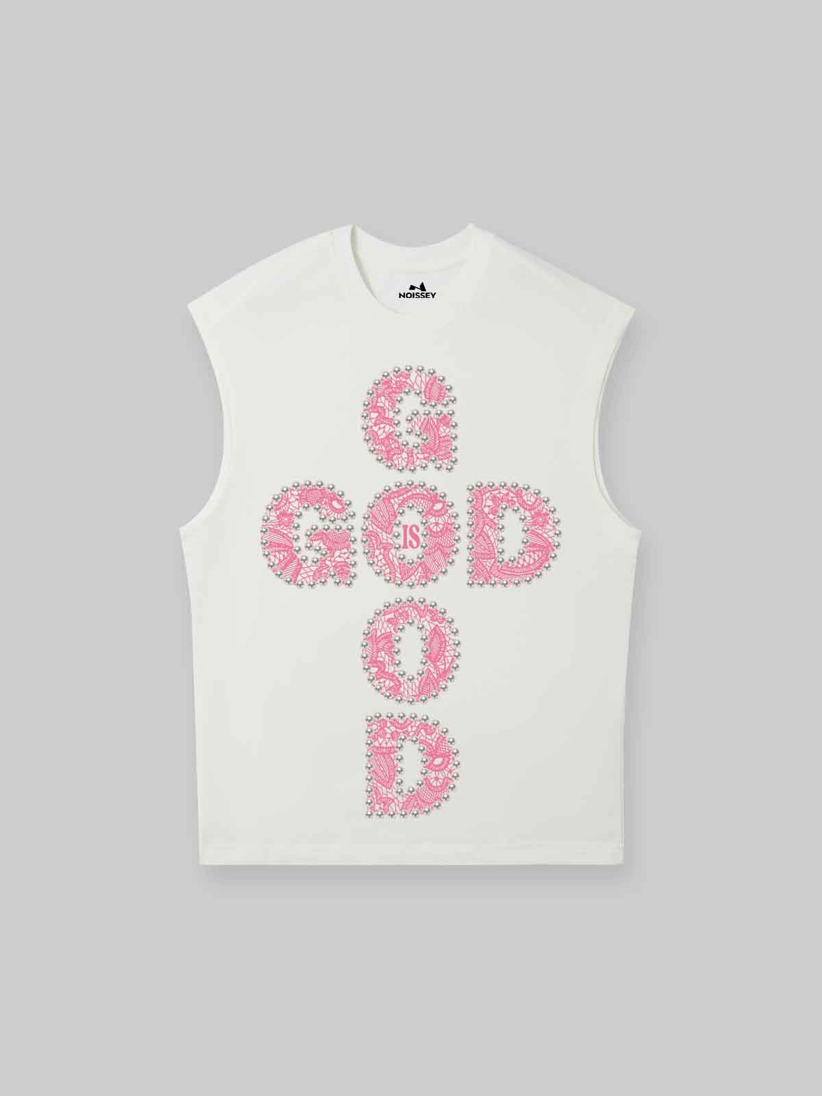 GOD IS GOOD! Lace Pearl Edge Print Tank Top