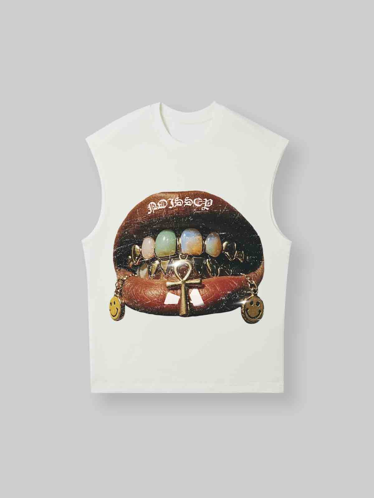 Gem Shell Vintage Grills & Lip Print Tank Top